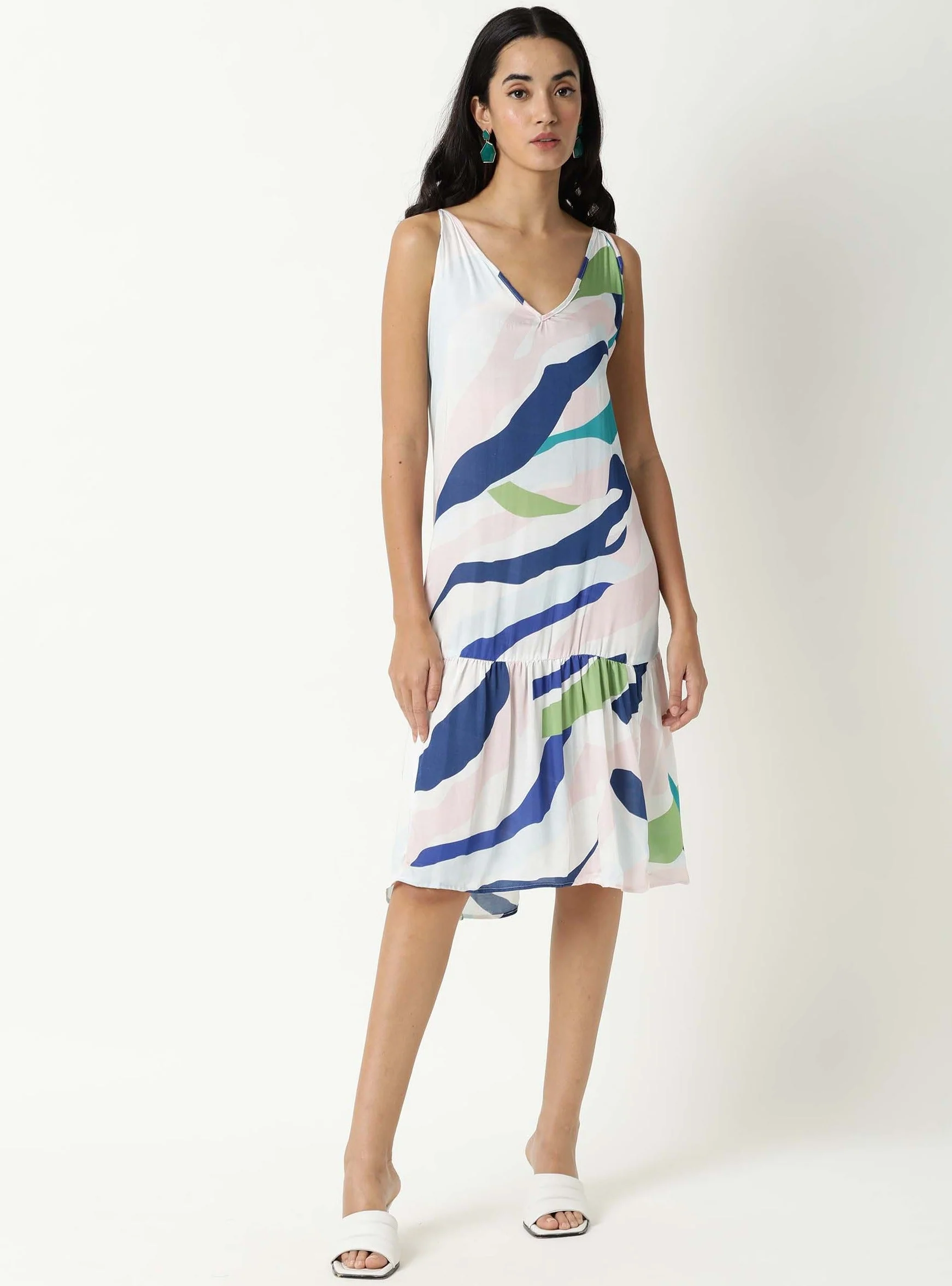 Rareism Womens Alan Off White Knee Length Dress Printed Modal Fabric Sleeveless - Image 5
