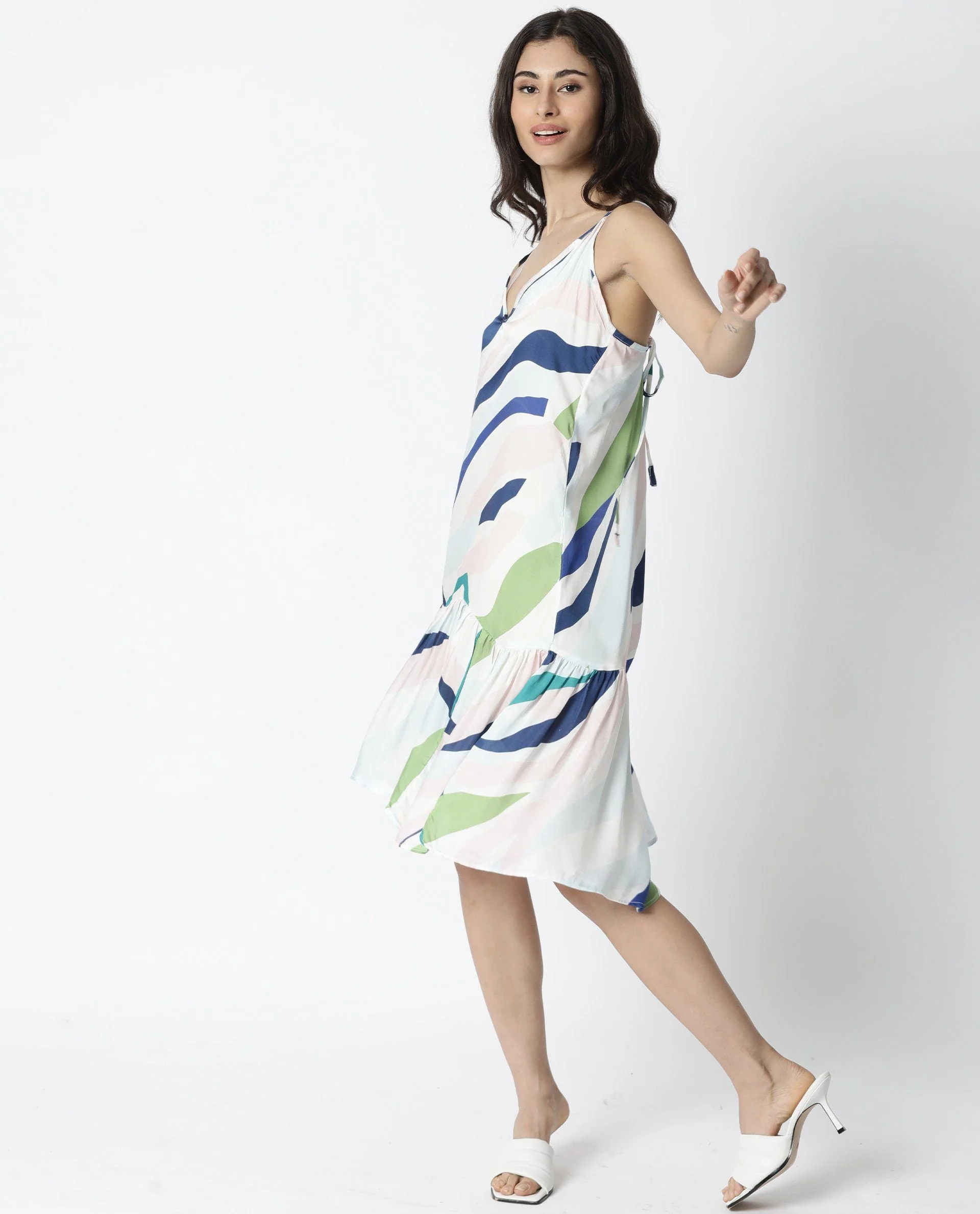 Rareism Womens Alan Off White Knee Length Dress Printed Modal Fabric Sleeveless - Image 7
