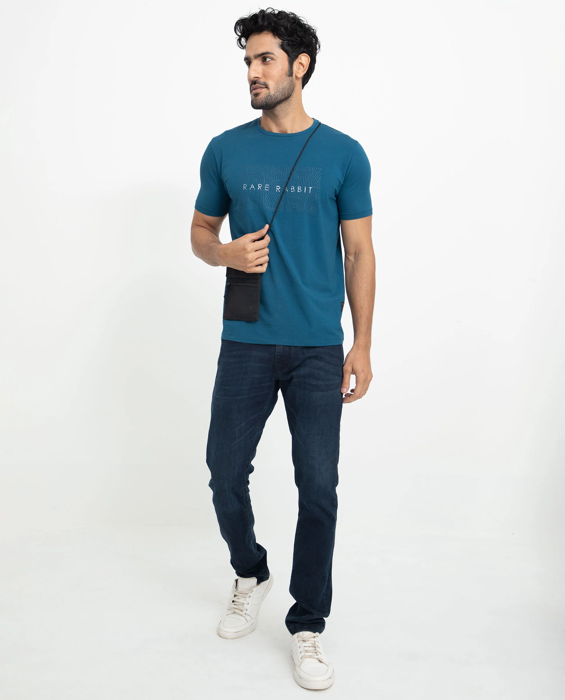 Rare Rabbit Men's Alanet Teal Cotton Graphic Print Slim Fit Half Sleeve Crew Neck T-Shirt - Image 11