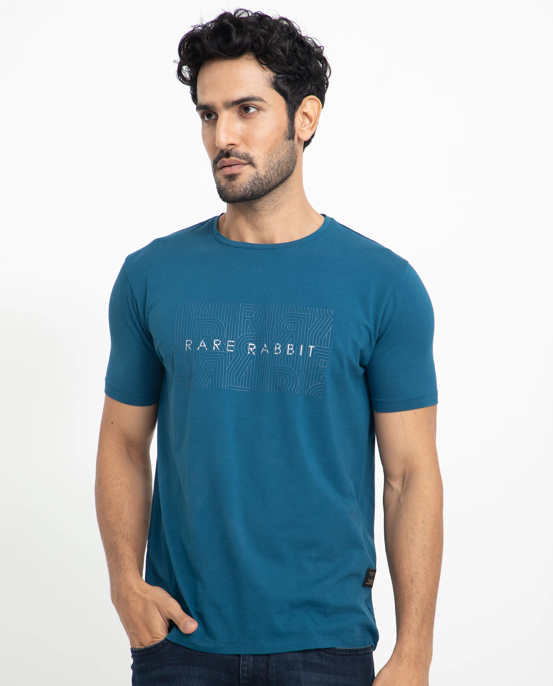 Rare Rabbit Men's Alanet Teal Cotton Graphic Print Slim Fit Half Sleeve Crew Neck T-Shirt - Image 12