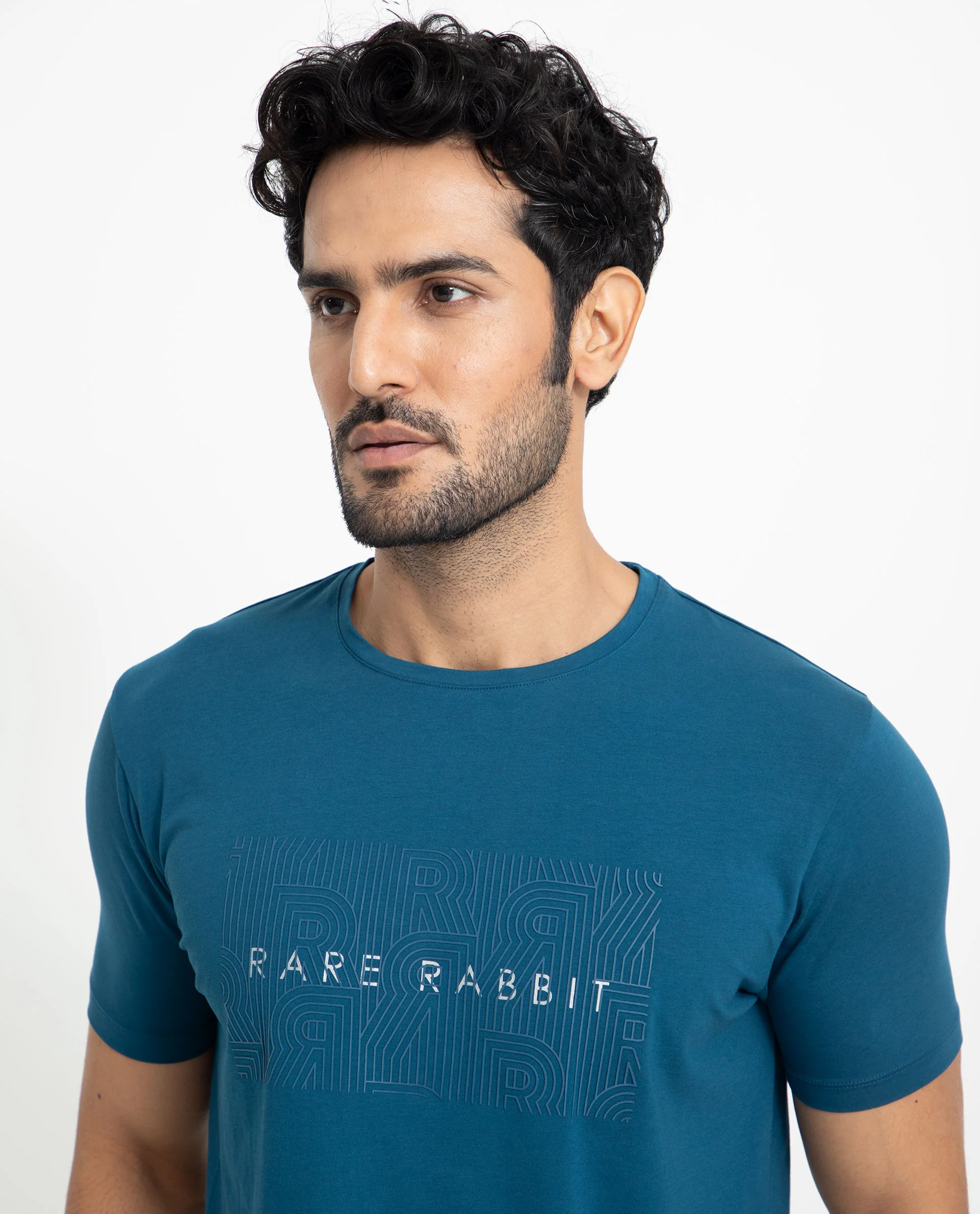 Rare Rabbit Men's Alanet Teal Cotton Graphic Print Slim Fit Half Sleeve Crew Neck T-Shirt - Image 2