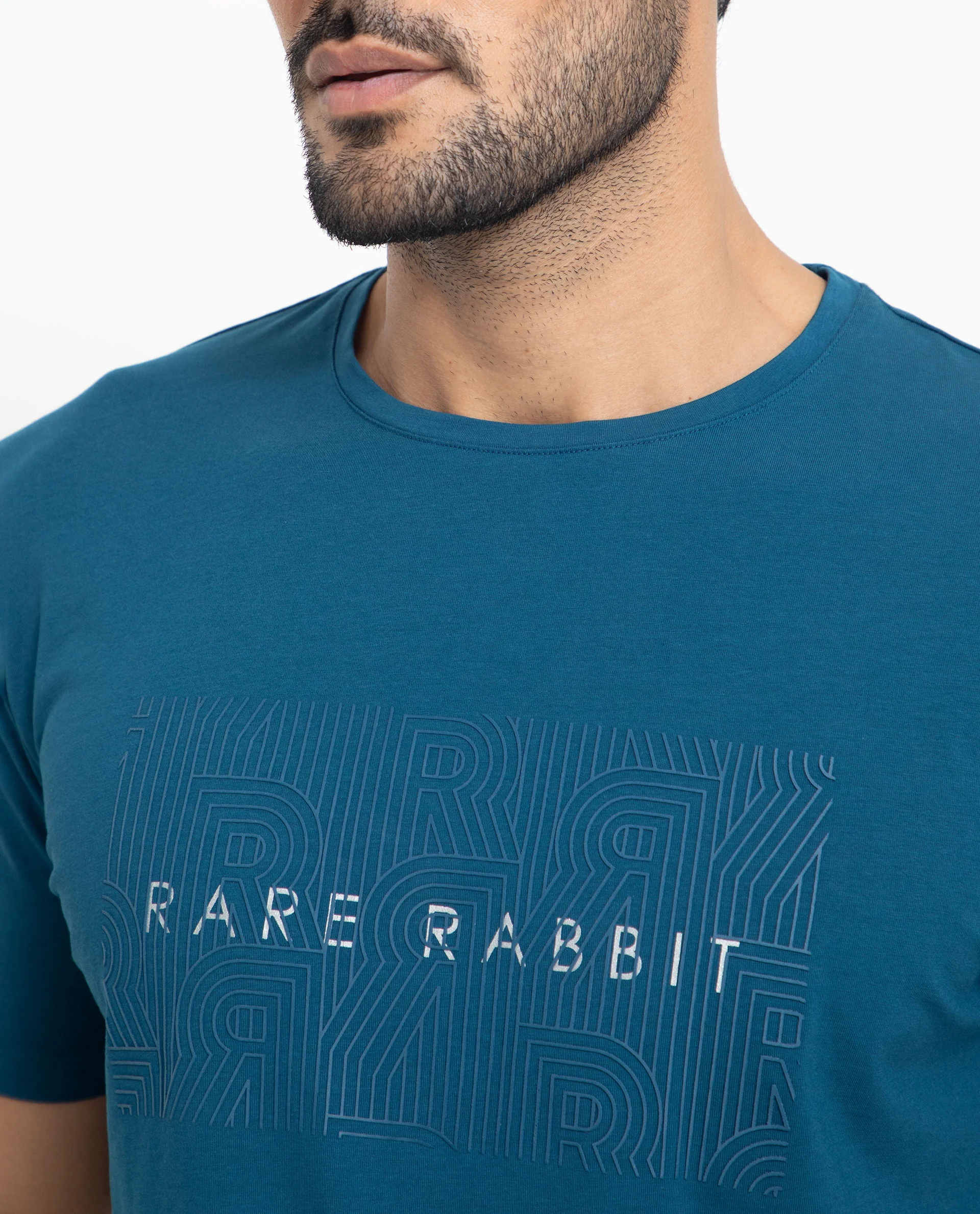 Rare Rabbit Men's Alanet Teal Cotton Graphic Print Slim Fit Half Sleeve Crew Neck T-Shirt - Image 3