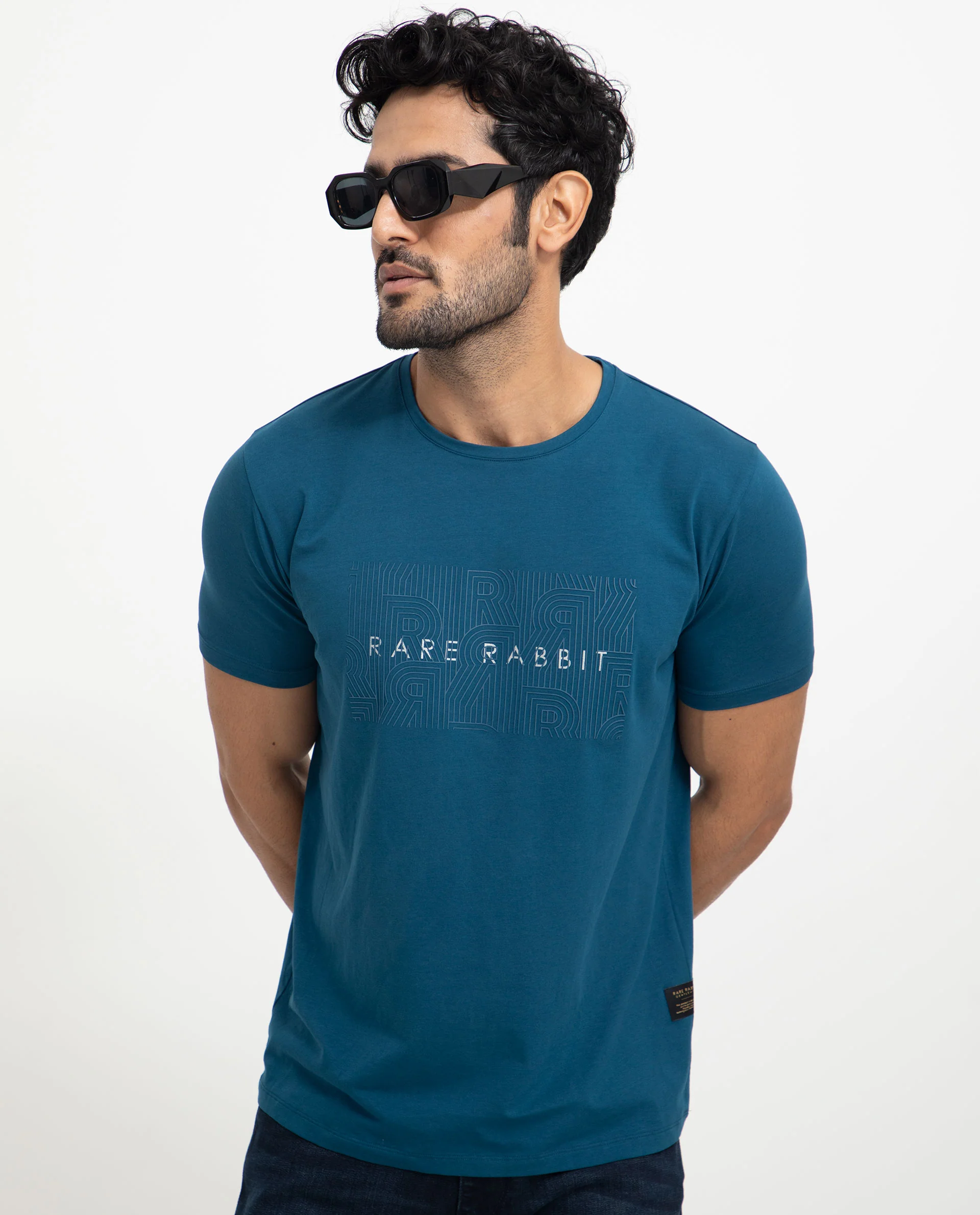 Rare Rabbit Men's Alanet Teal Cotton Graphic Print Slim Fit Half Sleeve Crew Neck T-Shirt - Image 4