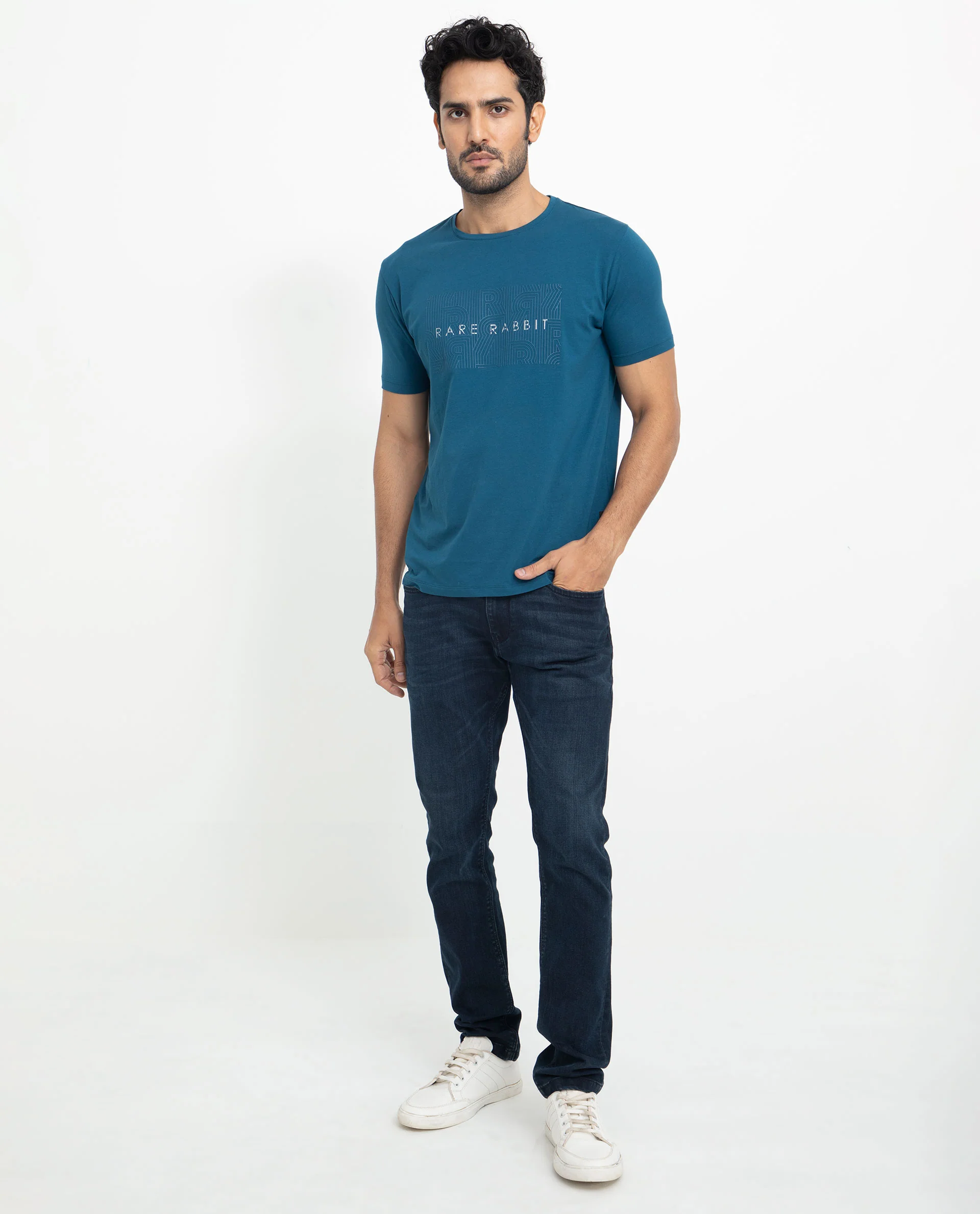 Rare Rabbit Men's Alanet Teal Cotton Graphic Print Slim Fit Half Sleeve Crew Neck T-Shirt - Image 5