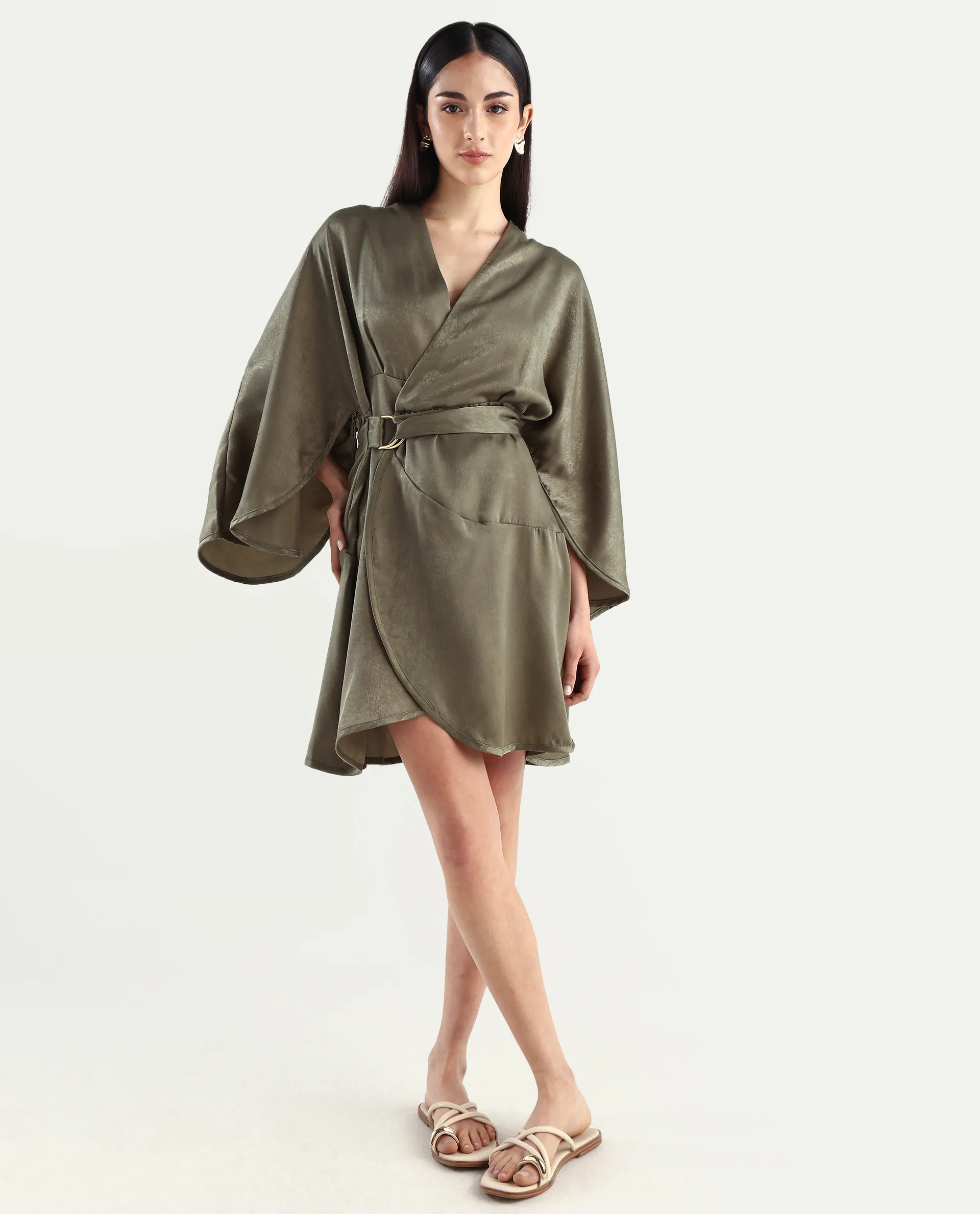 Rareism Women's Alapeno Dark Olive Polyester Overlap Neck Plain Bell Sleeve Mini Fit And Flare Dress - Image 2