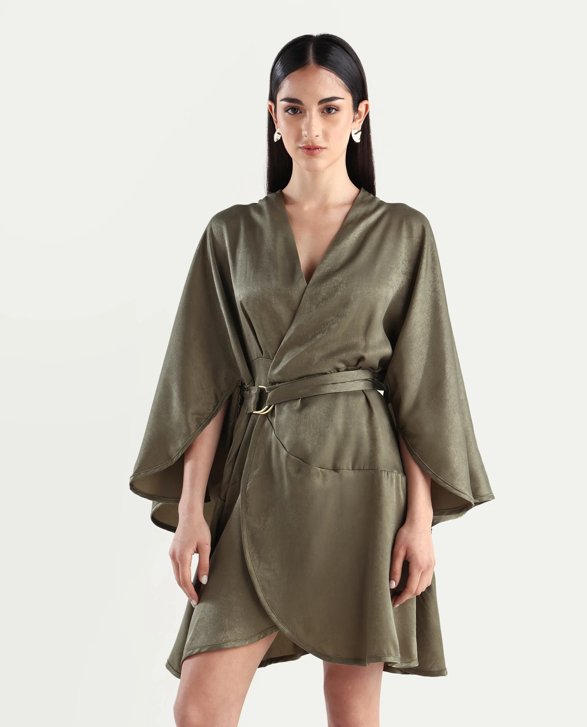 Rareism Women's Alapeno Dark Olive Polyester Overlap Neck Plain Bell Sleeve Mini Fit And Flare Dress - Image 3