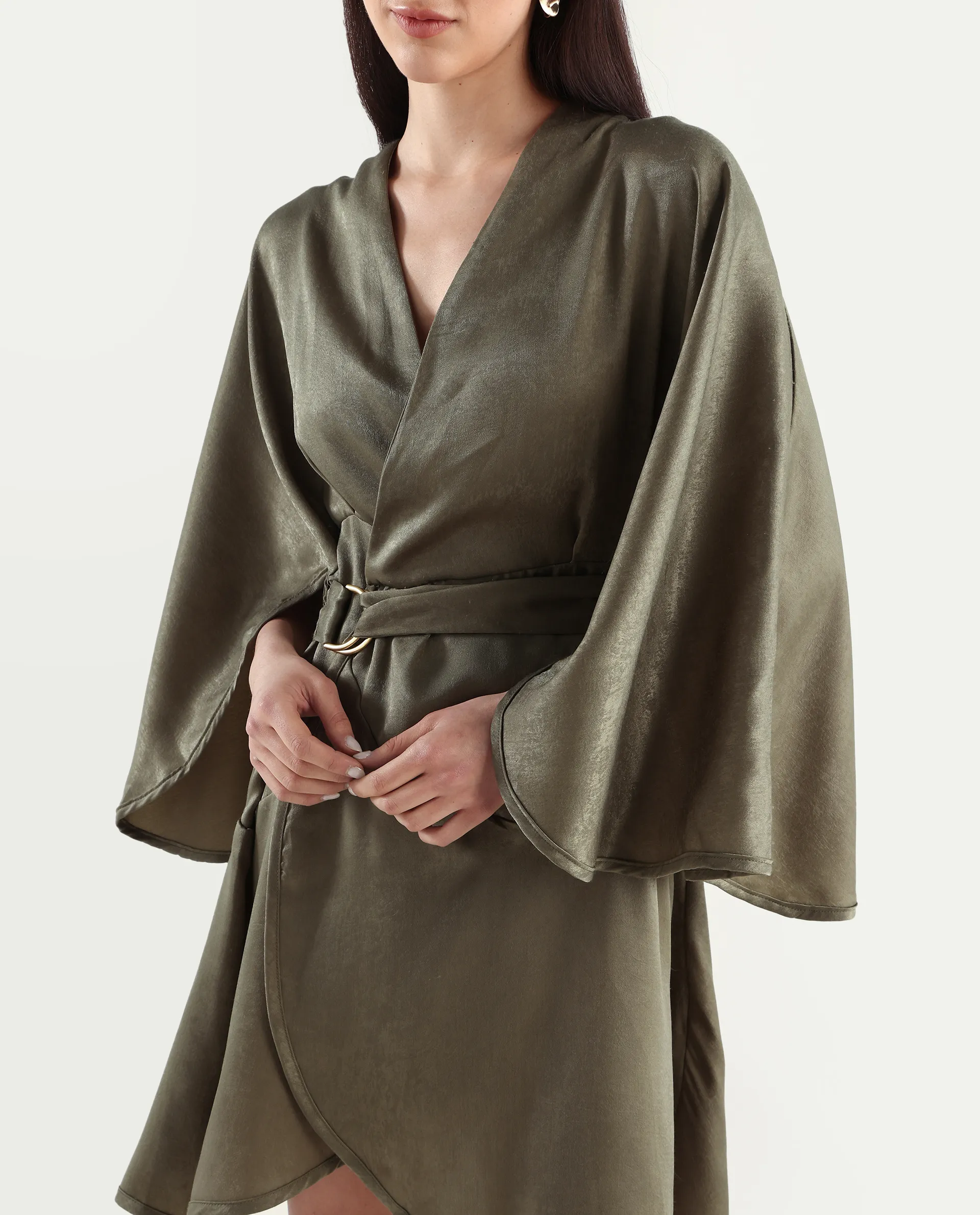 Rareism Women's Alapeno Dark Olive Polyester Overlap Neck Plain Bell Sleeve Mini Fit And Flare Dress - Image 4