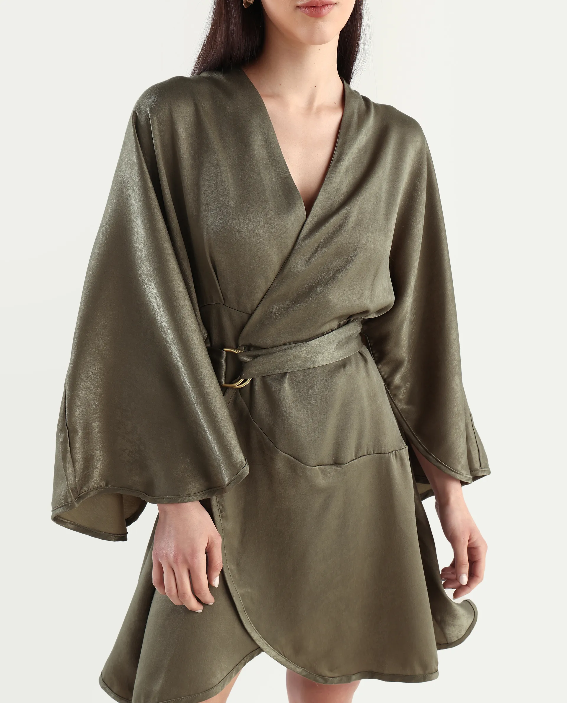 Rareism Women's Alapeno Dark Olive Polyester Overlap Neck Plain Bell Sleeve Mini Fit And Flare Dress - Image 5