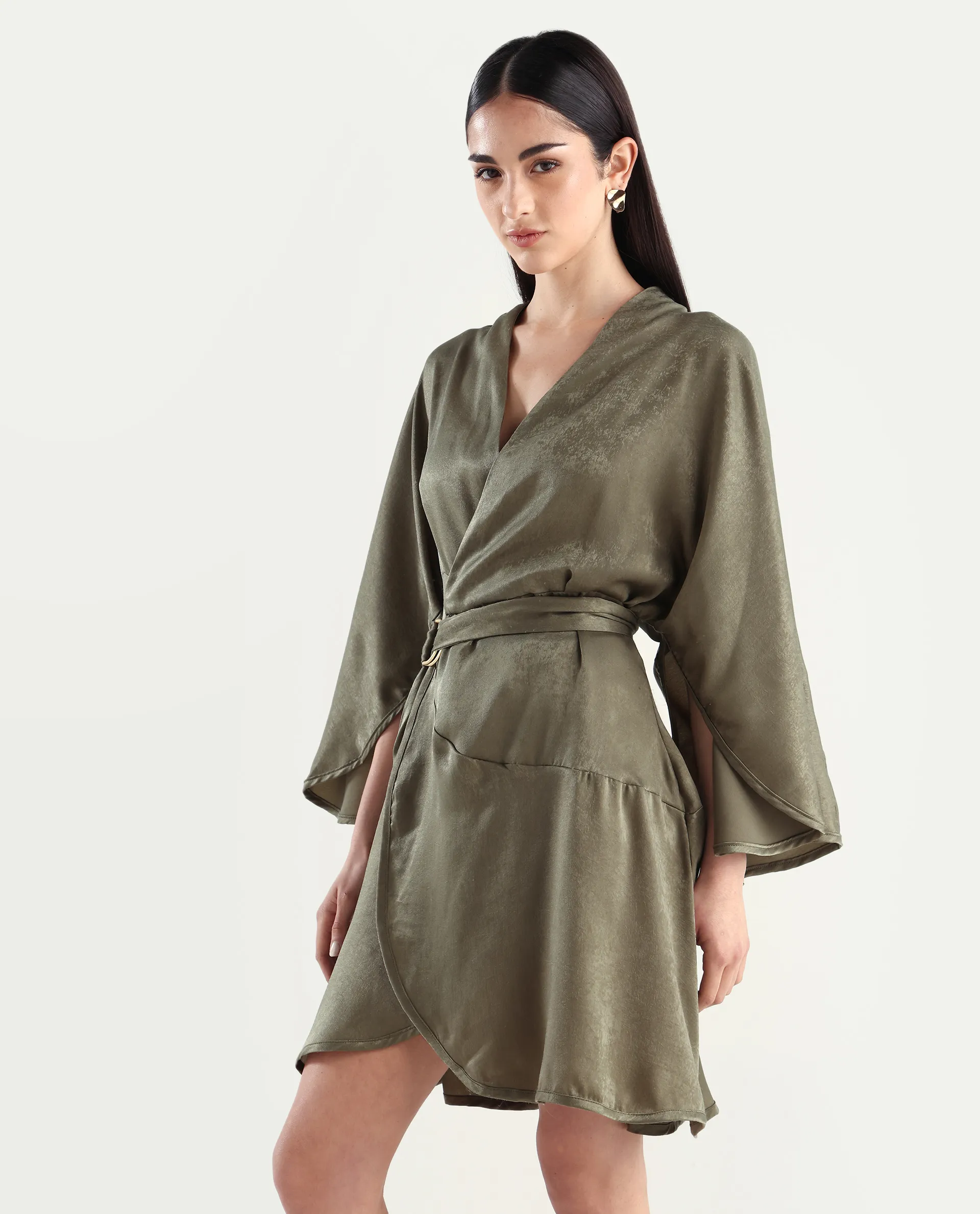 Rareism Women's Alapeno Dark Olive Polyester Overlap Neck Plain Bell Sleeve Mini Fit And Flare Dress - Image 6