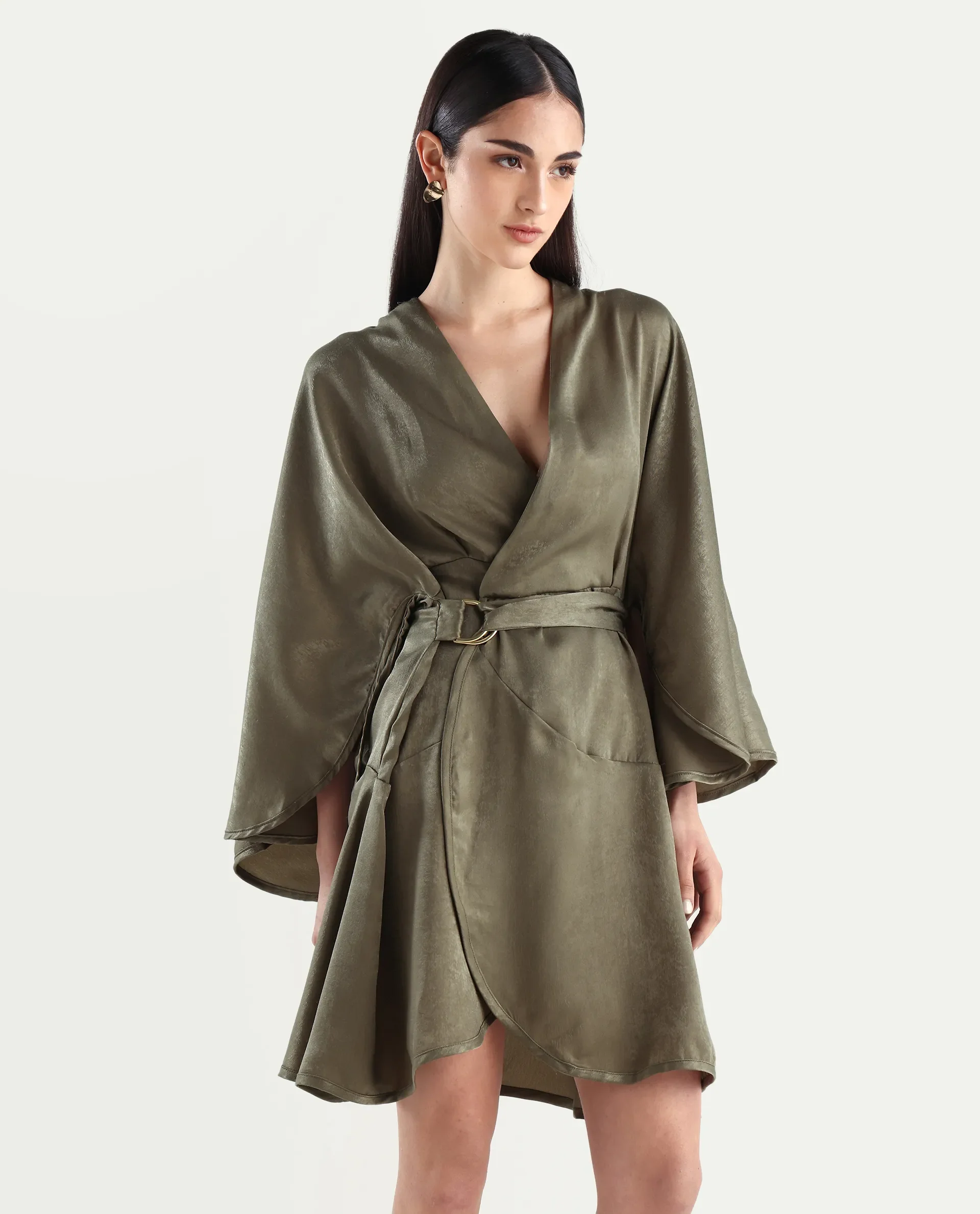 Rareism Women's Alapeno Dark Olive Polyester Overlap Neck Plain Bell Sleeve Mini Fit And Flare Dress - Image 7