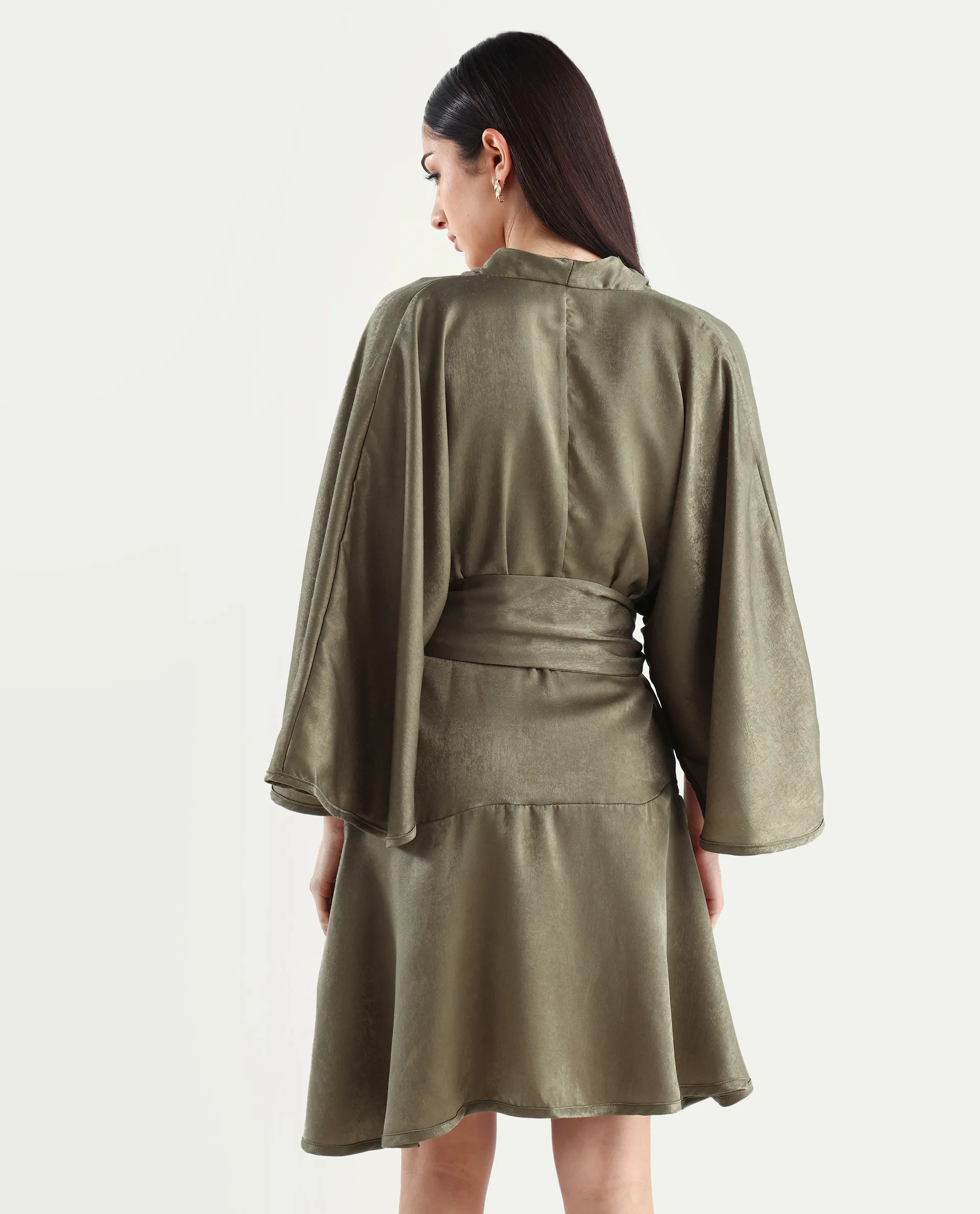 Rareism Women's Alapeno Dark Olive Polyester Overlap Neck Plain Bell Sleeve Mini Fit And Flare Dress - Image 8