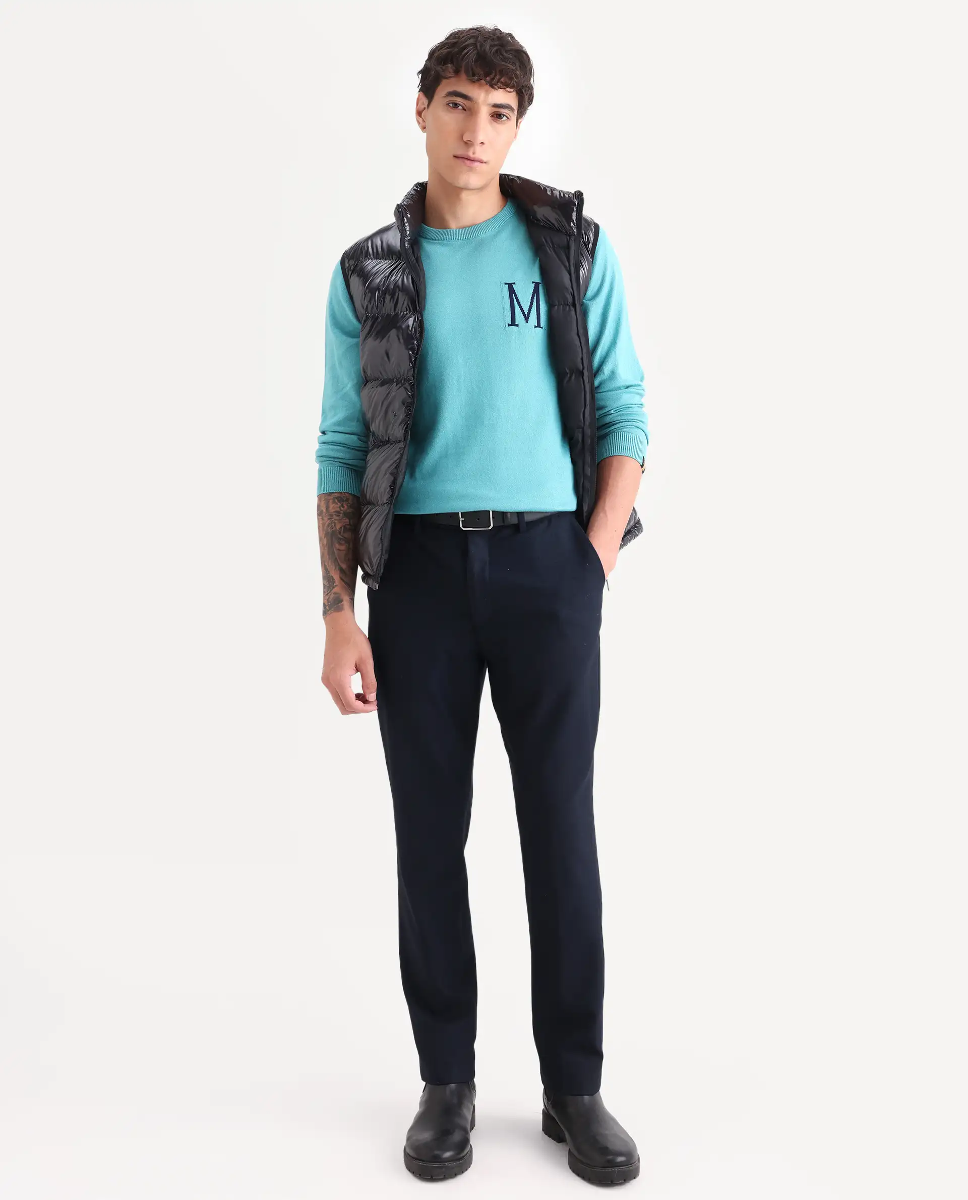Rare Rabbit Men's Alba Blue Cotton Jacquard Regular Fit Full Sleeve Crew Neck Sweater - Image 2