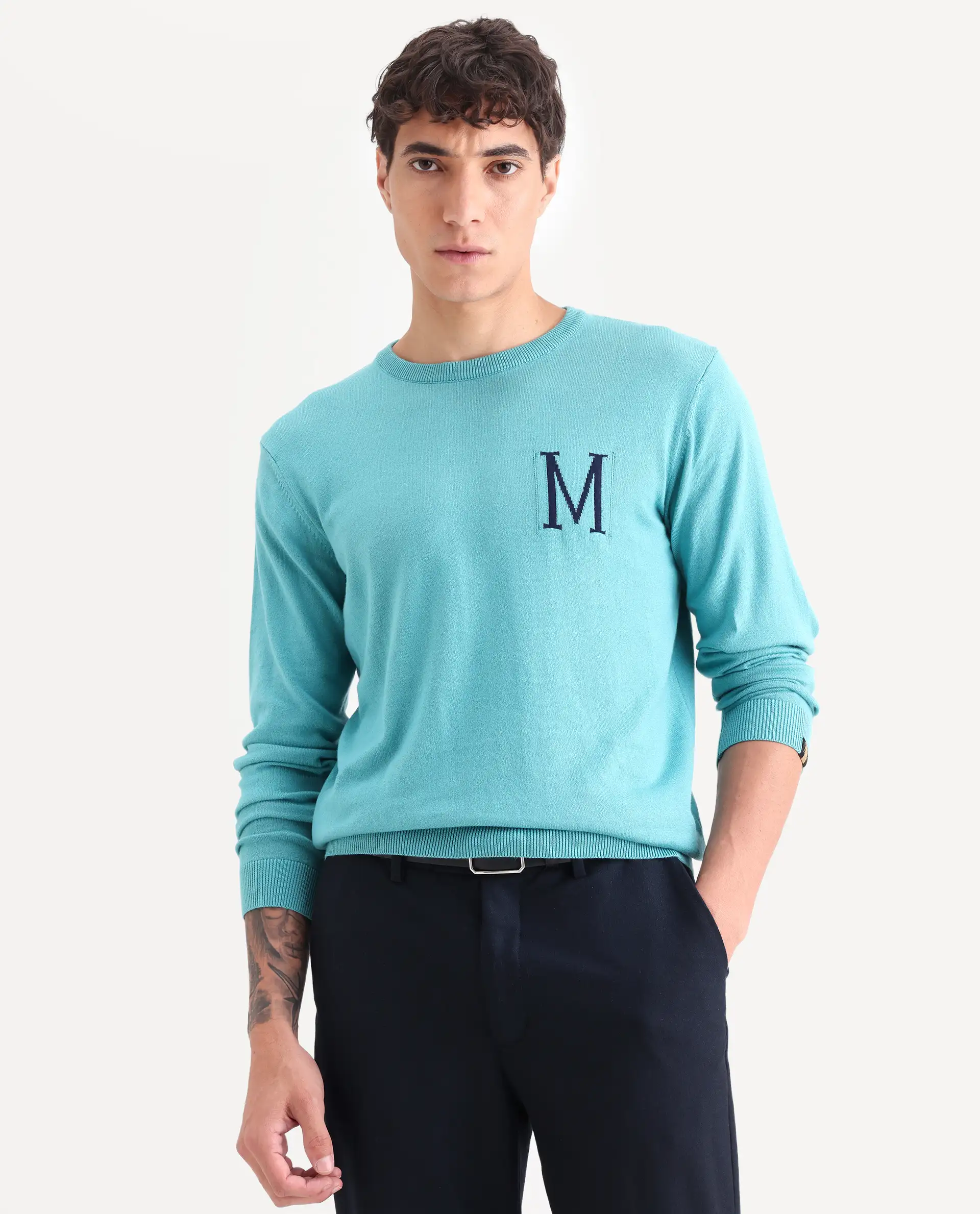 Rare Rabbit Men's Alba Blue Cotton Jacquard Regular Fit Full Sleeve Crew Neck Sweater - Image 3