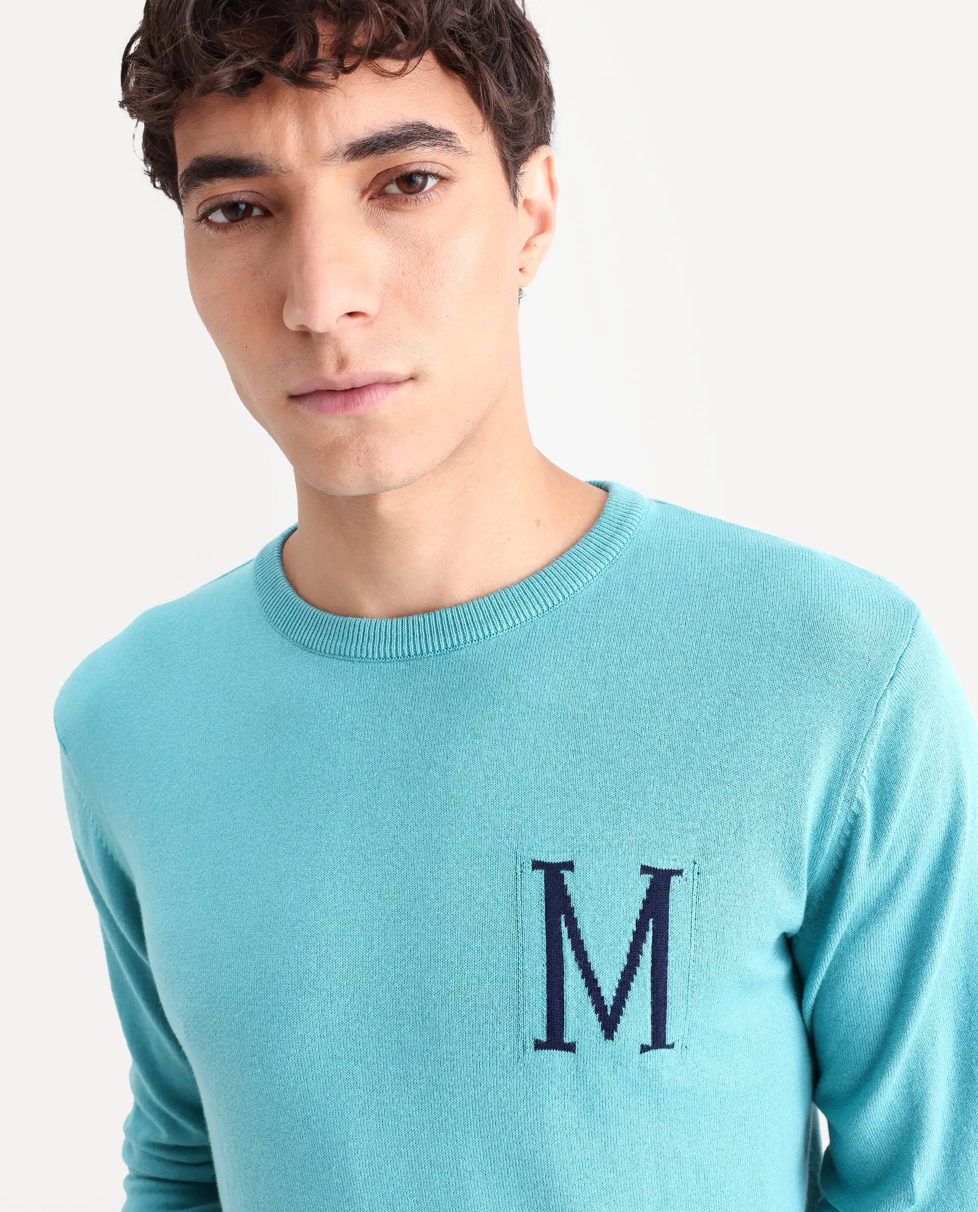 Rare Rabbit Men's Alba Blue Cotton Jacquard Regular Fit Full Sleeve Crew Neck Sweater - Image 4