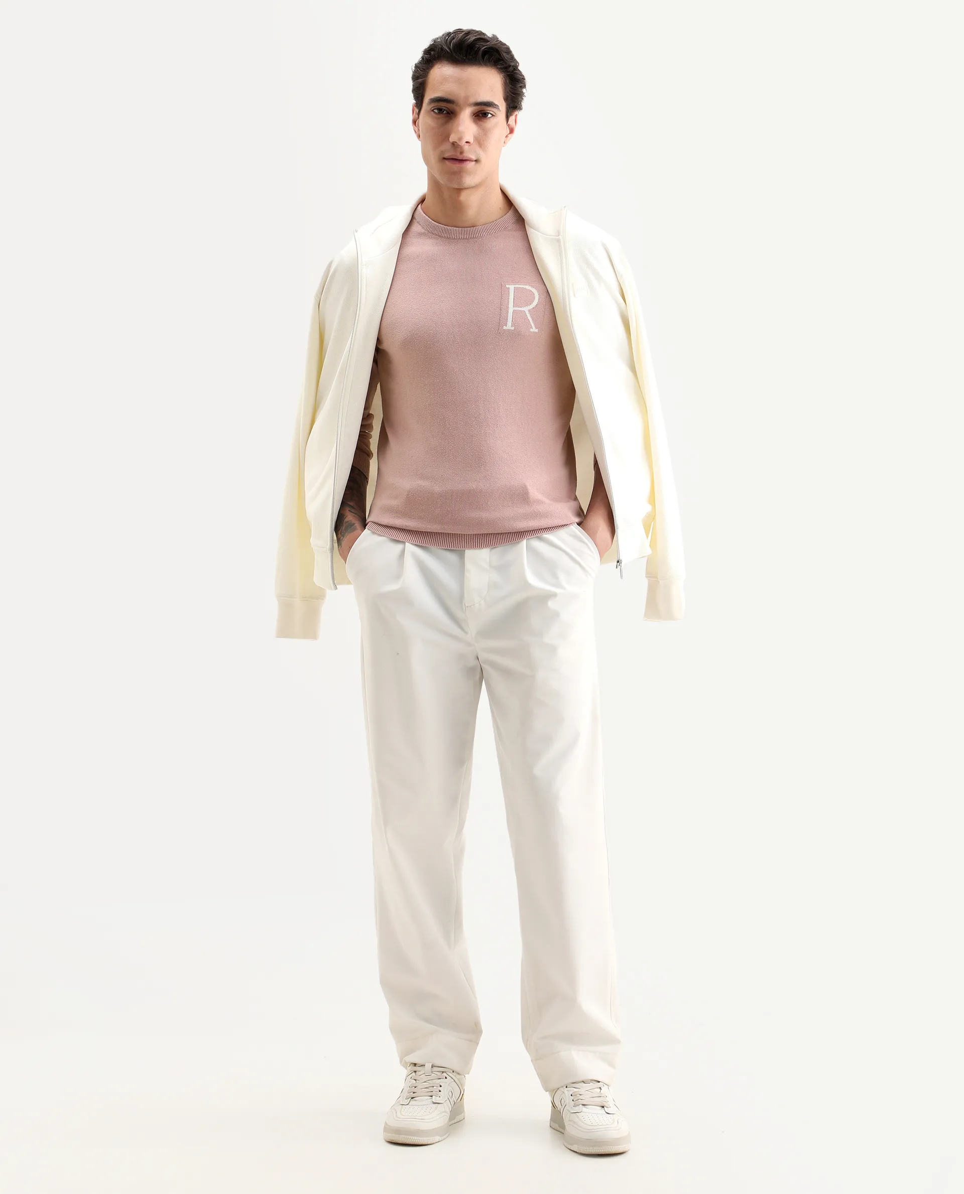 Rare Rabbit Men's Alba Pink Cotton Plain Slim Fit Full Sleeve Crew Neck Sweater - Image 2