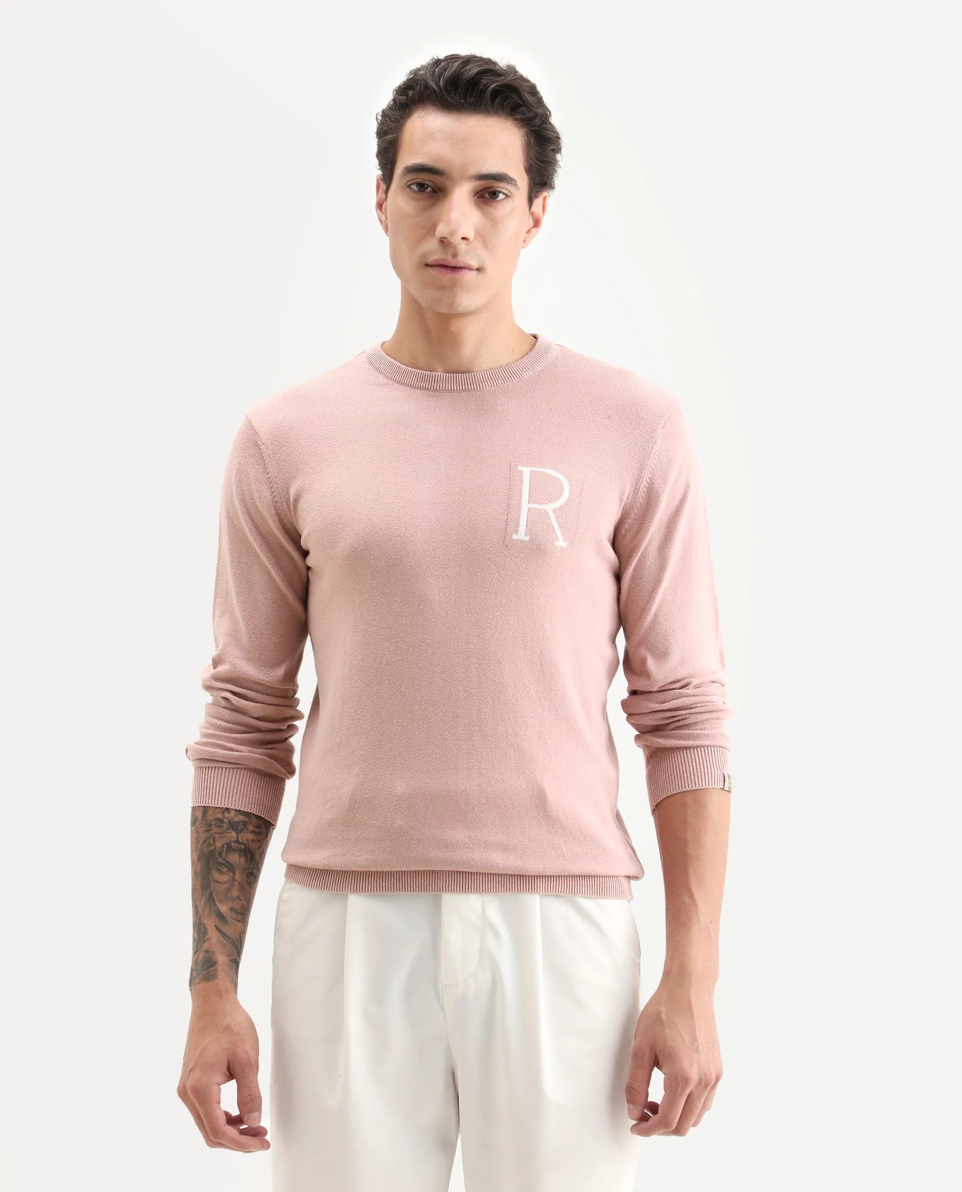 Rare Rabbit Men's Alba Pink Cotton Plain Slim Fit Full Sleeve Crew Neck Sweater - Image 3