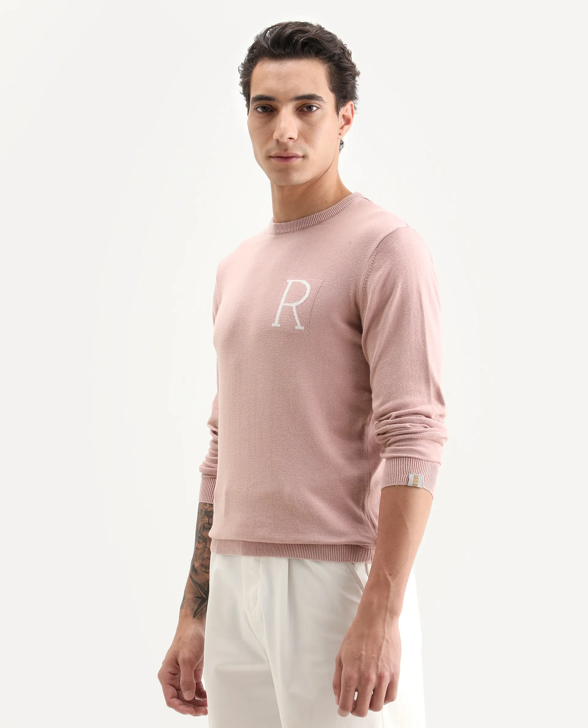 Rare Rabbit Men's Alba Pink Cotton Plain Slim Fit Full Sleeve Crew Neck Sweater - Image 5