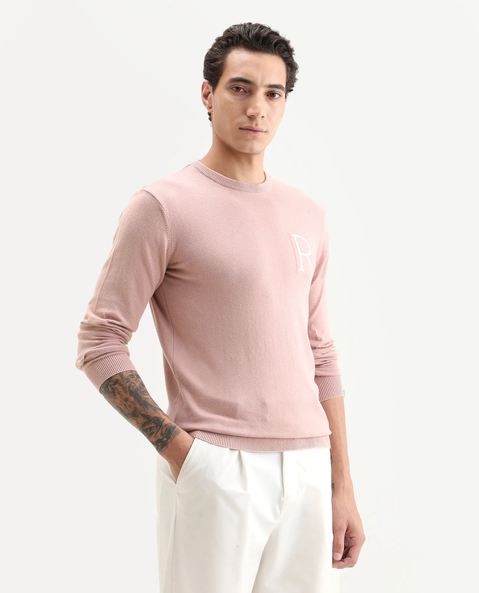 Rare Rabbit Men's Alba Pink Cotton Plain Slim Fit Full Sleeve Crew Neck Sweater - Image 6