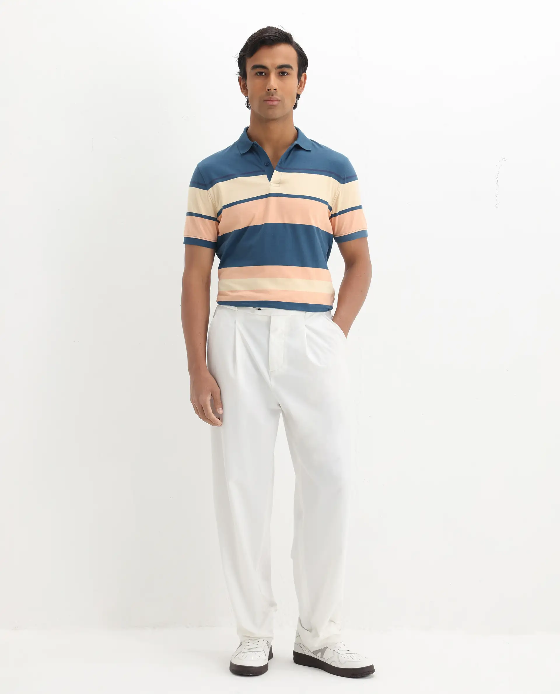 Rare Rabbit Men's Albans Dark Navy Cotton Striped Print Regular Fit Half Sleeve Polo - Image 2