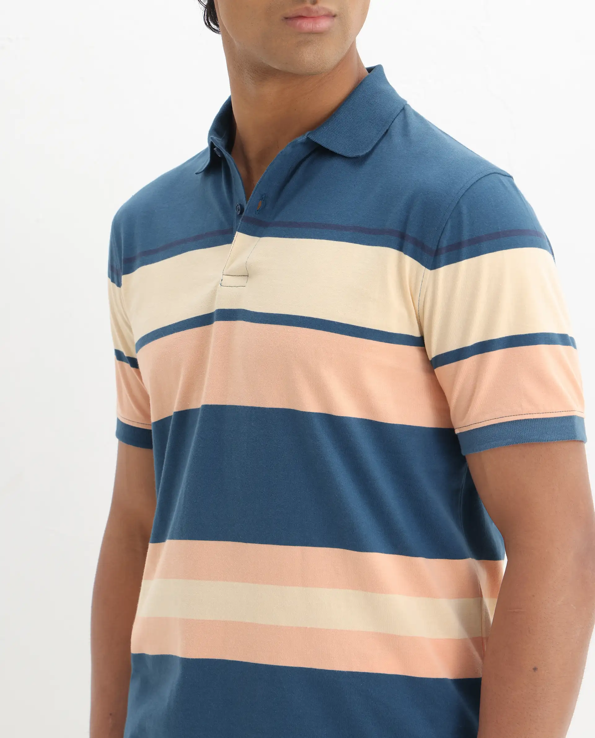 Rare Rabbit Men's Albans Dark Navy Cotton Striped Print Regular Fit Half Sleeve Polo - Image 3