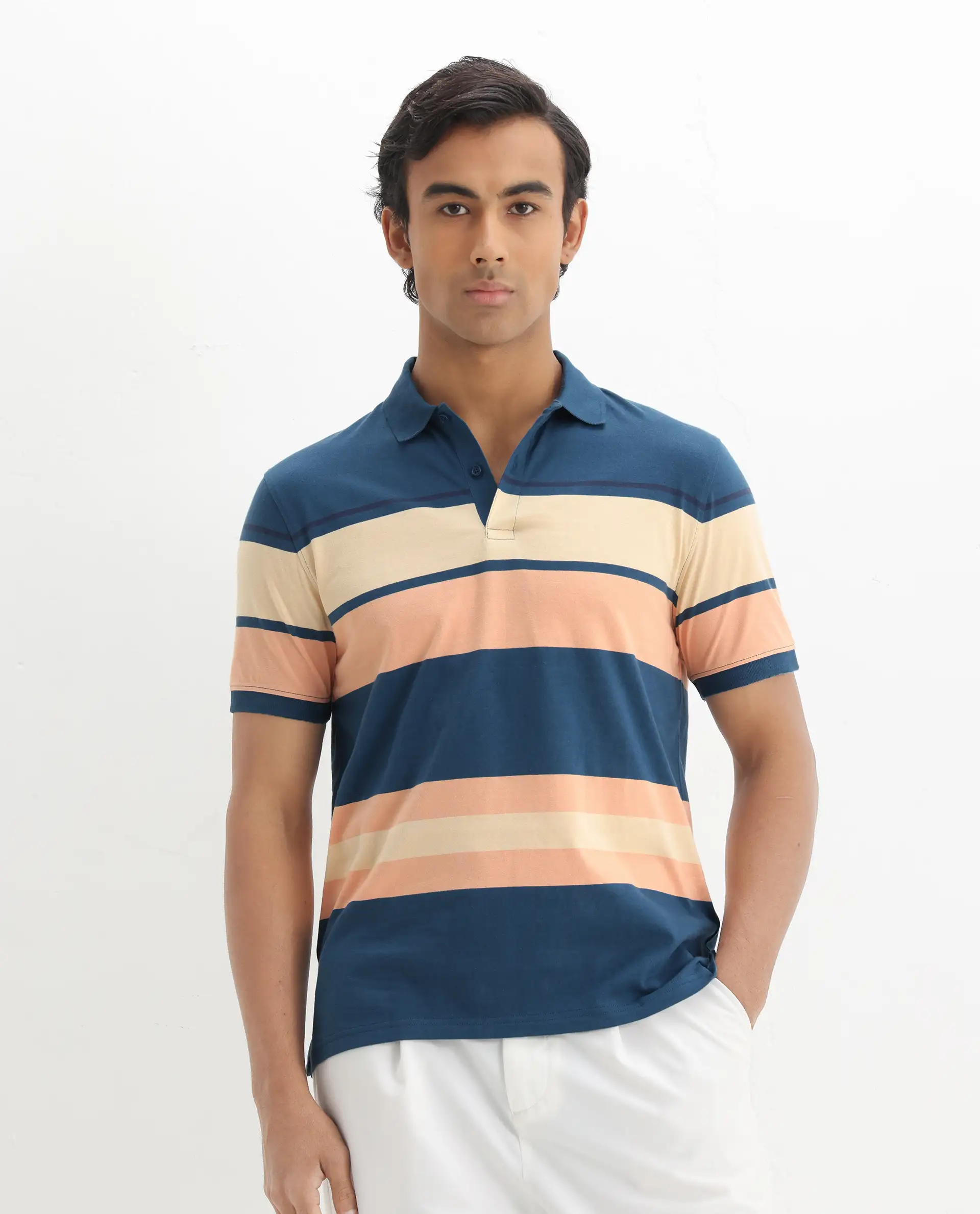 Rare Rabbit Men's Albans Dark Navy Cotton Striped Print Regular Fit Half Sleeve Polo - Image 5
