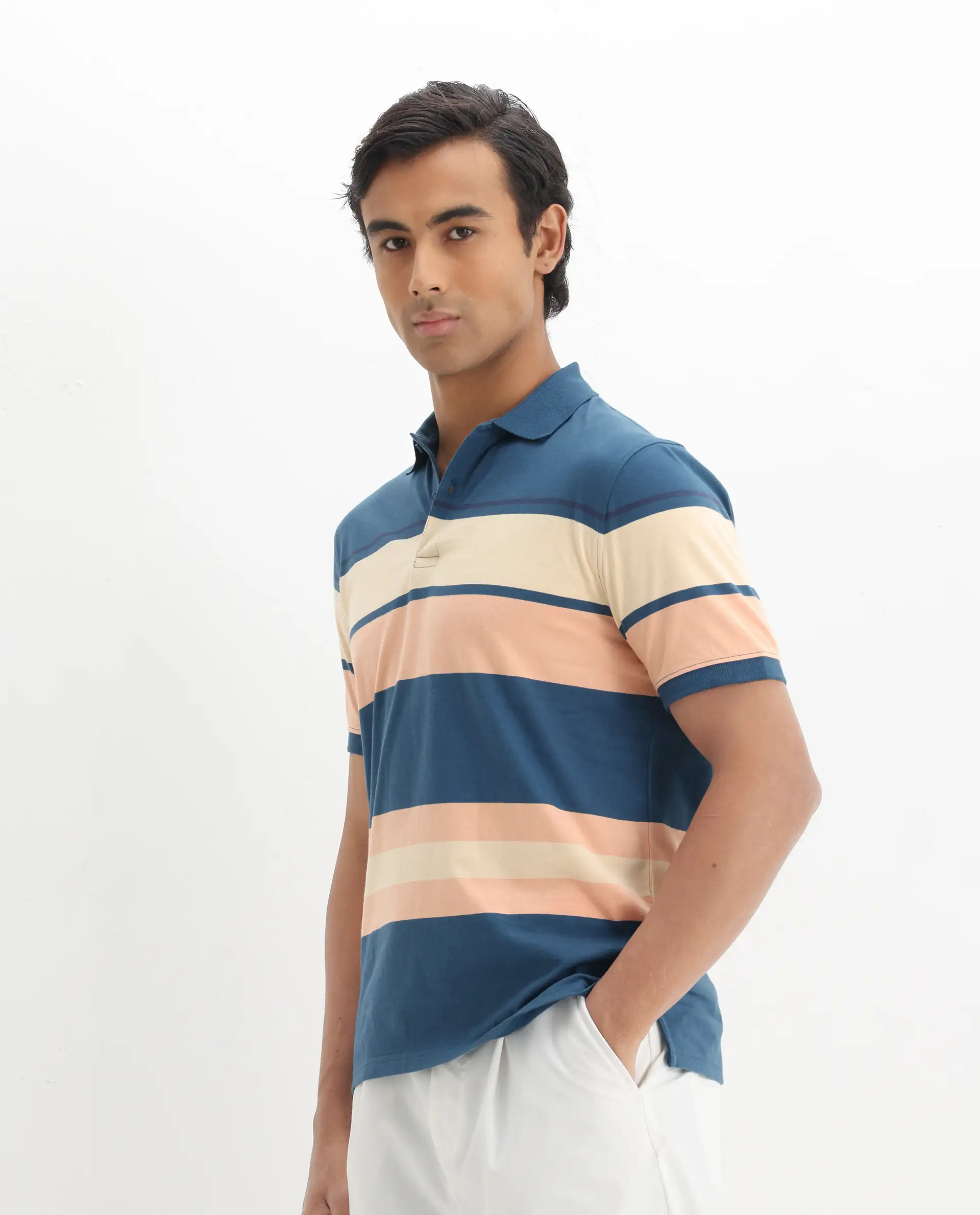 Rare Rabbit Men's Albans Dark Navy Cotton Striped Print Regular Fit Half Sleeve Polo - Image 6