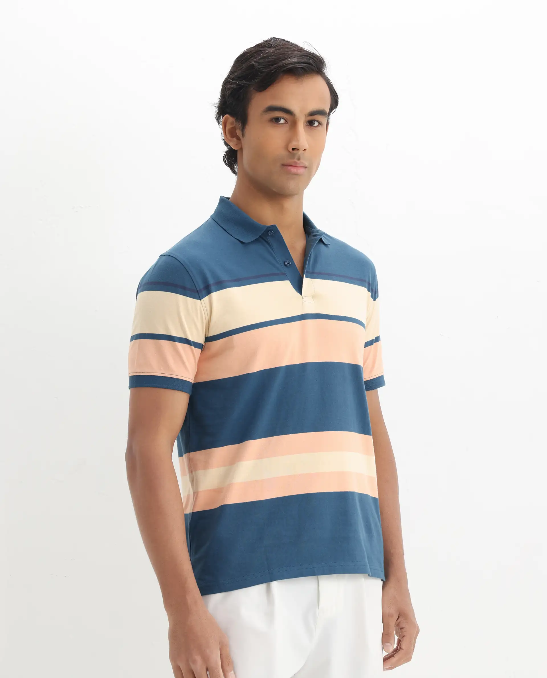 Rare Rabbit Men's Albans Dark Navy Cotton Striped Print Regular Fit Half Sleeve Polo - Image 7