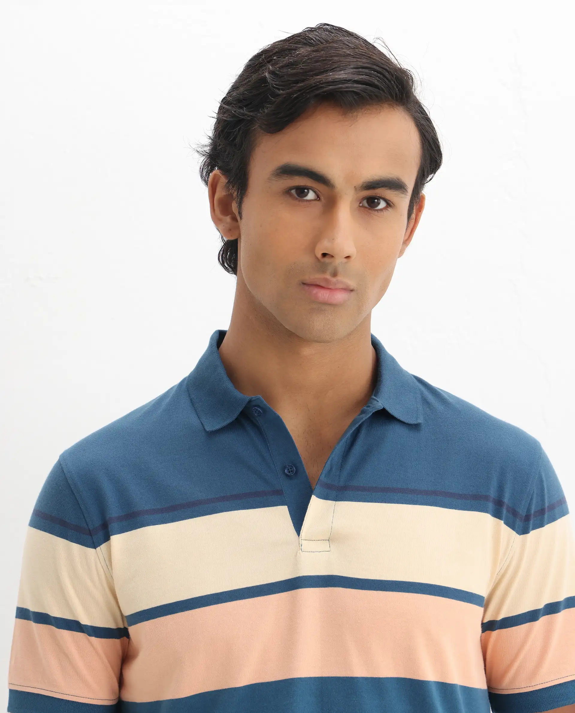 Rare Rabbit Men's Albans Dark Navy Cotton Striped Print Regular Fit Half Sleeve Polo - Image 8