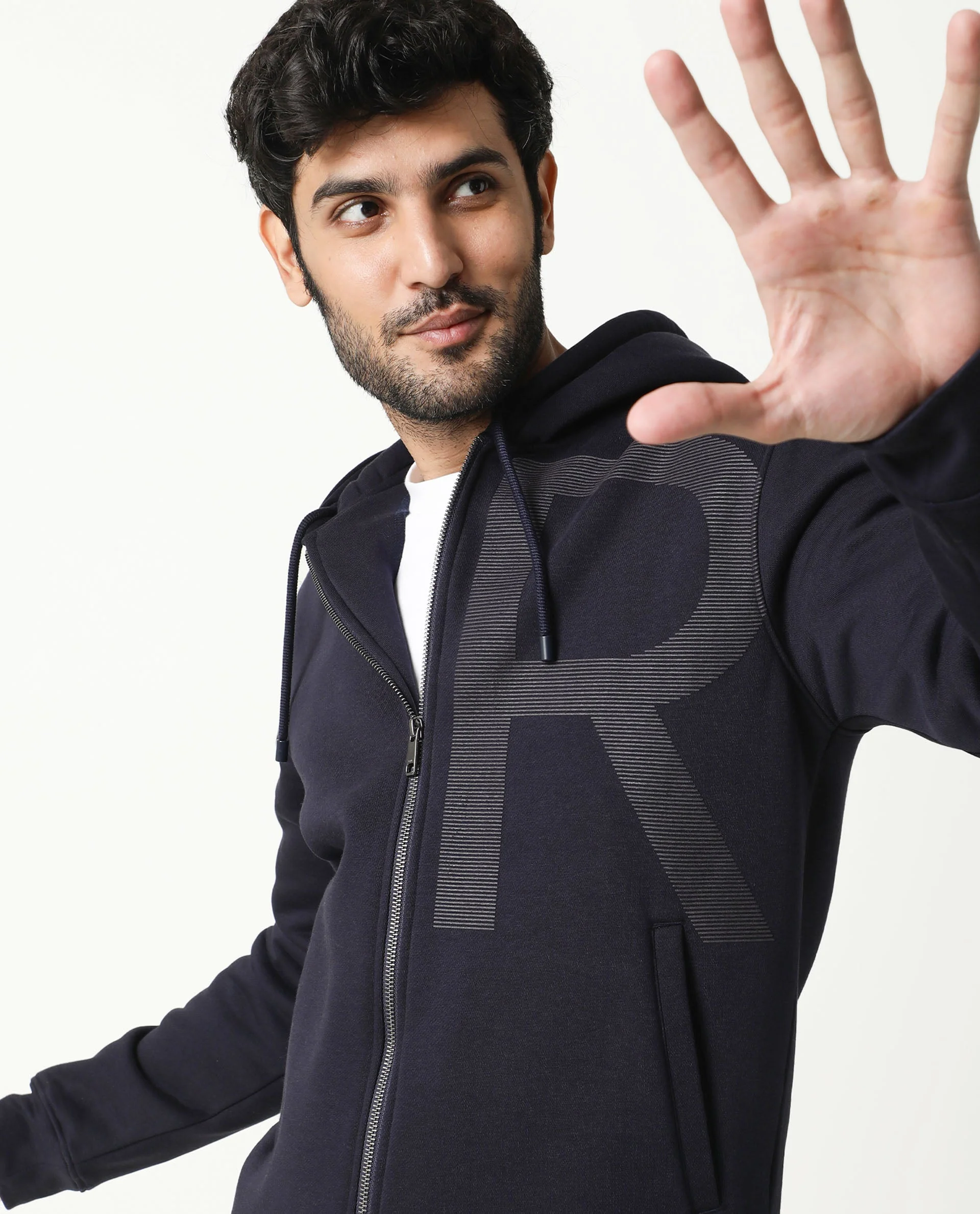 Rare Rabbit Men's Albell Navy Cotton Graphic Print Regular Fit Full Sleeve Hooded Sweatshirt