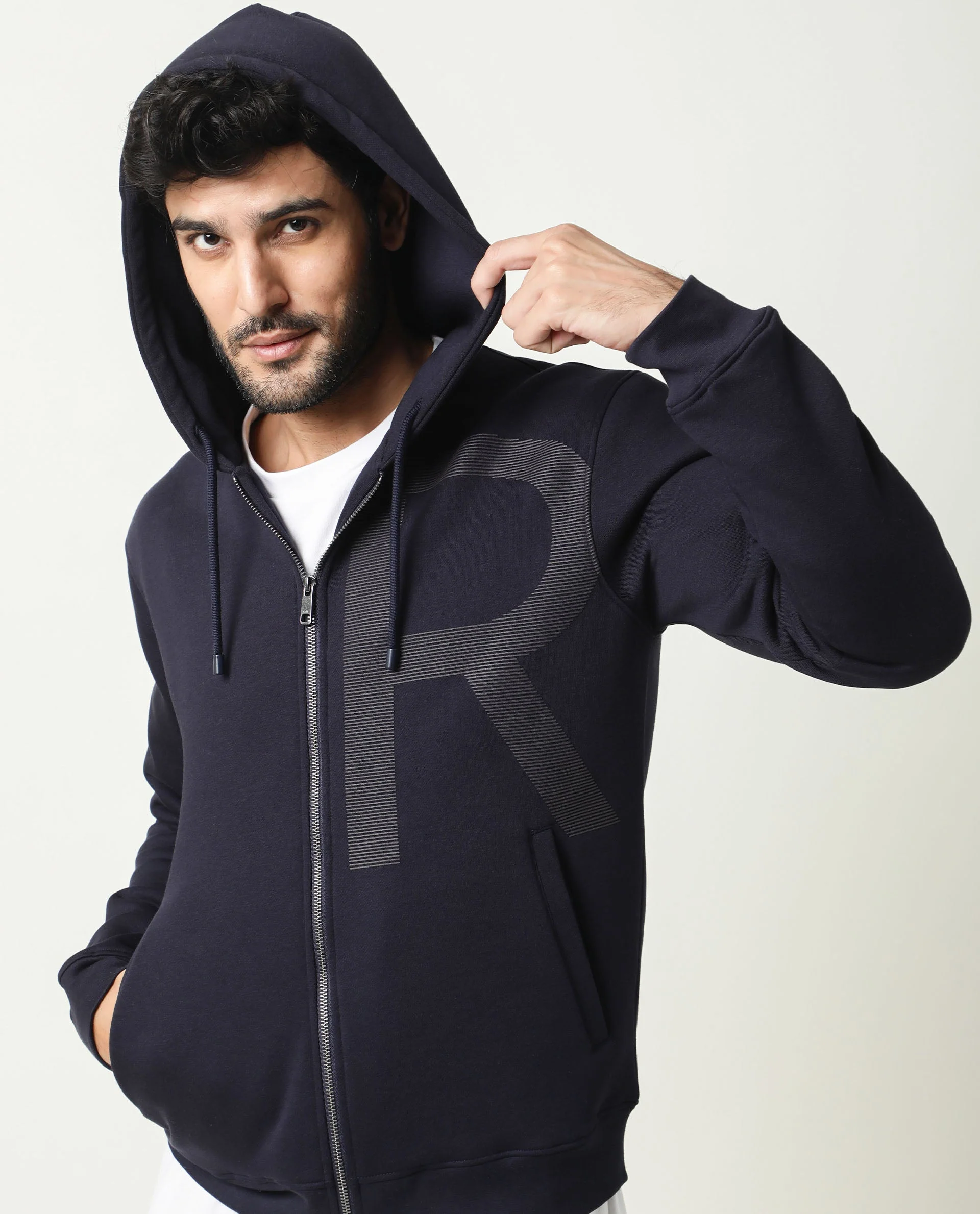 Rare Rabbit Men's Albell Navy Cotton Graphic Print Regular Fit Full Sleeve Hooded Sweatshirt - Image 2