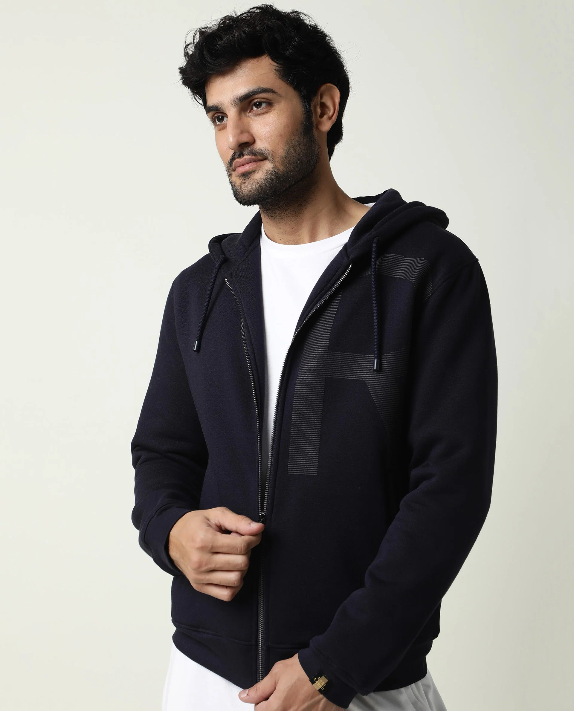 Rare Rabbit Men's Albell Navy Cotton Graphic Print Regular Fit Full Sleeve Hooded Sweatshirt - Image 4