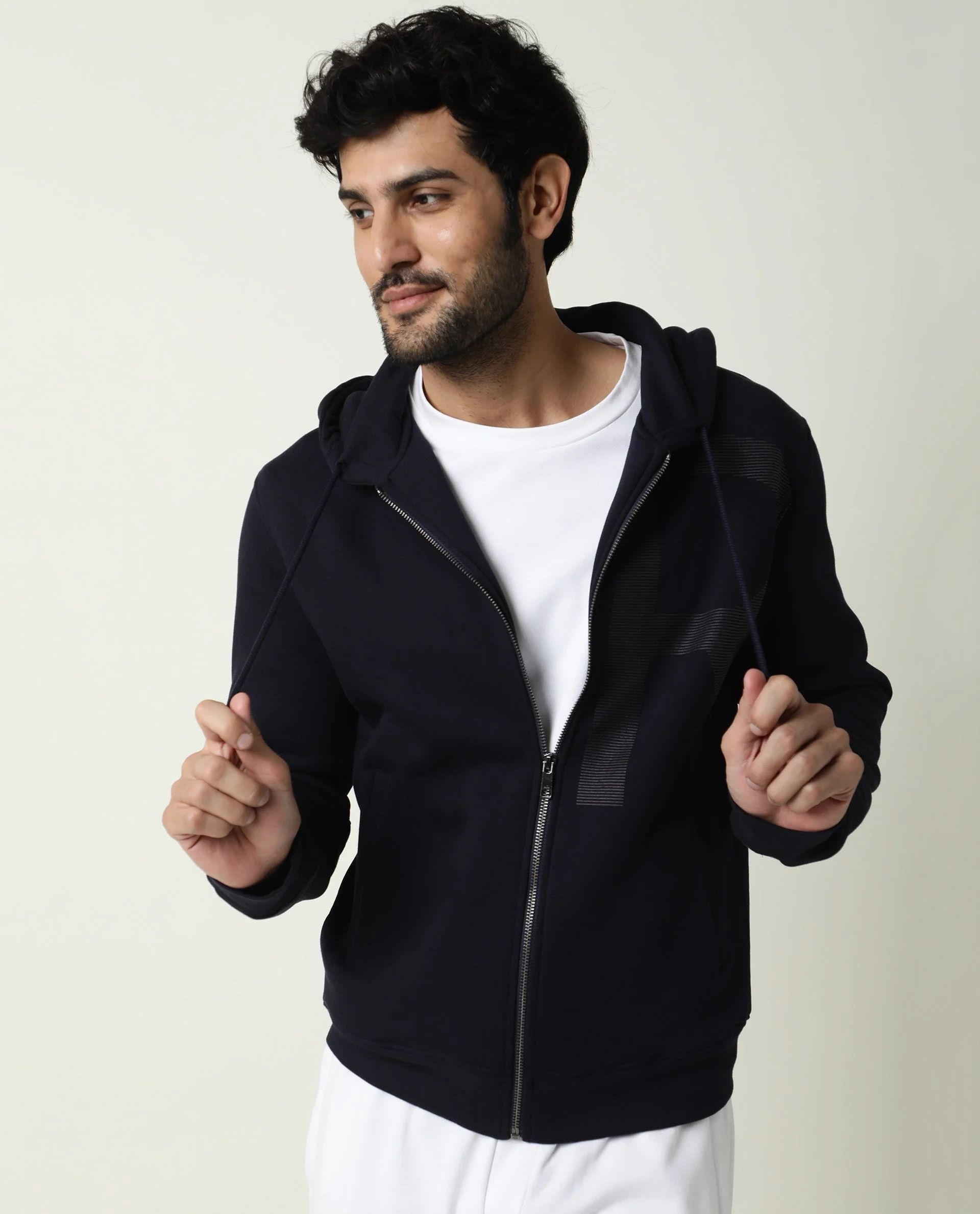 Rare Rabbit Men's Albell Navy Cotton Graphic Print Regular Fit Full Sleeve Hooded Sweatshirt - Image 5