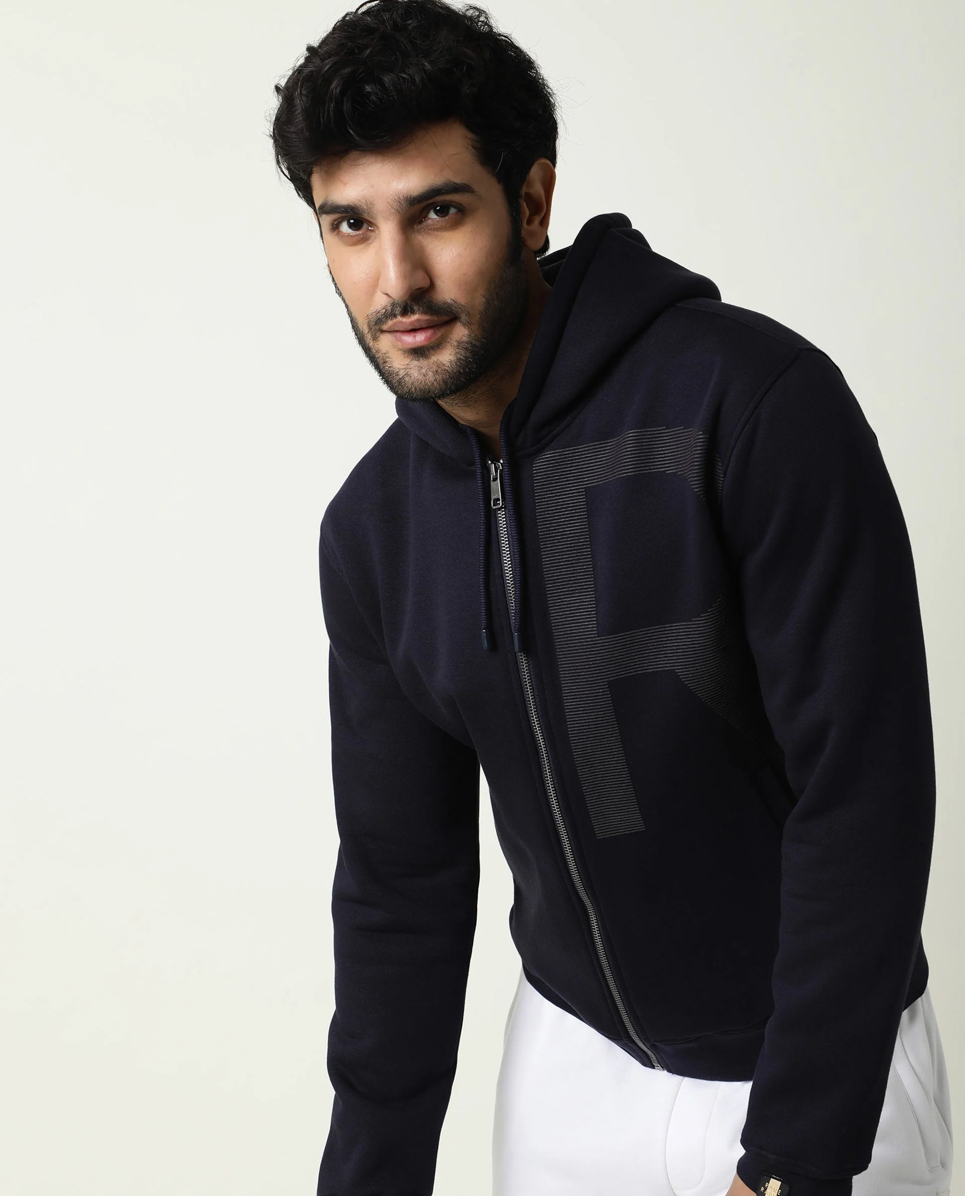Rare Rabbit Men's Albell Navy Cotton Graphic Print Regular Fit Full Sleeve Hooded Sweatshirt - Image 6