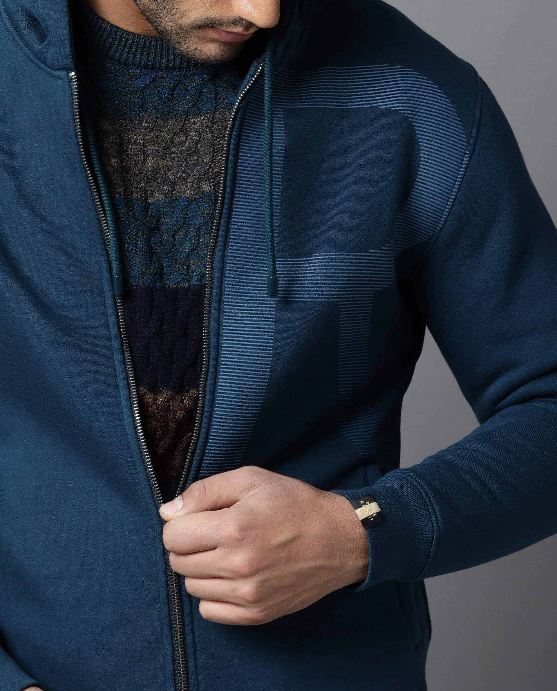 Rare Rabbit Men's Albell Petrol Cotton Printed Regular Fit Full Sleeve Hooded Sweatshirt - Image 3