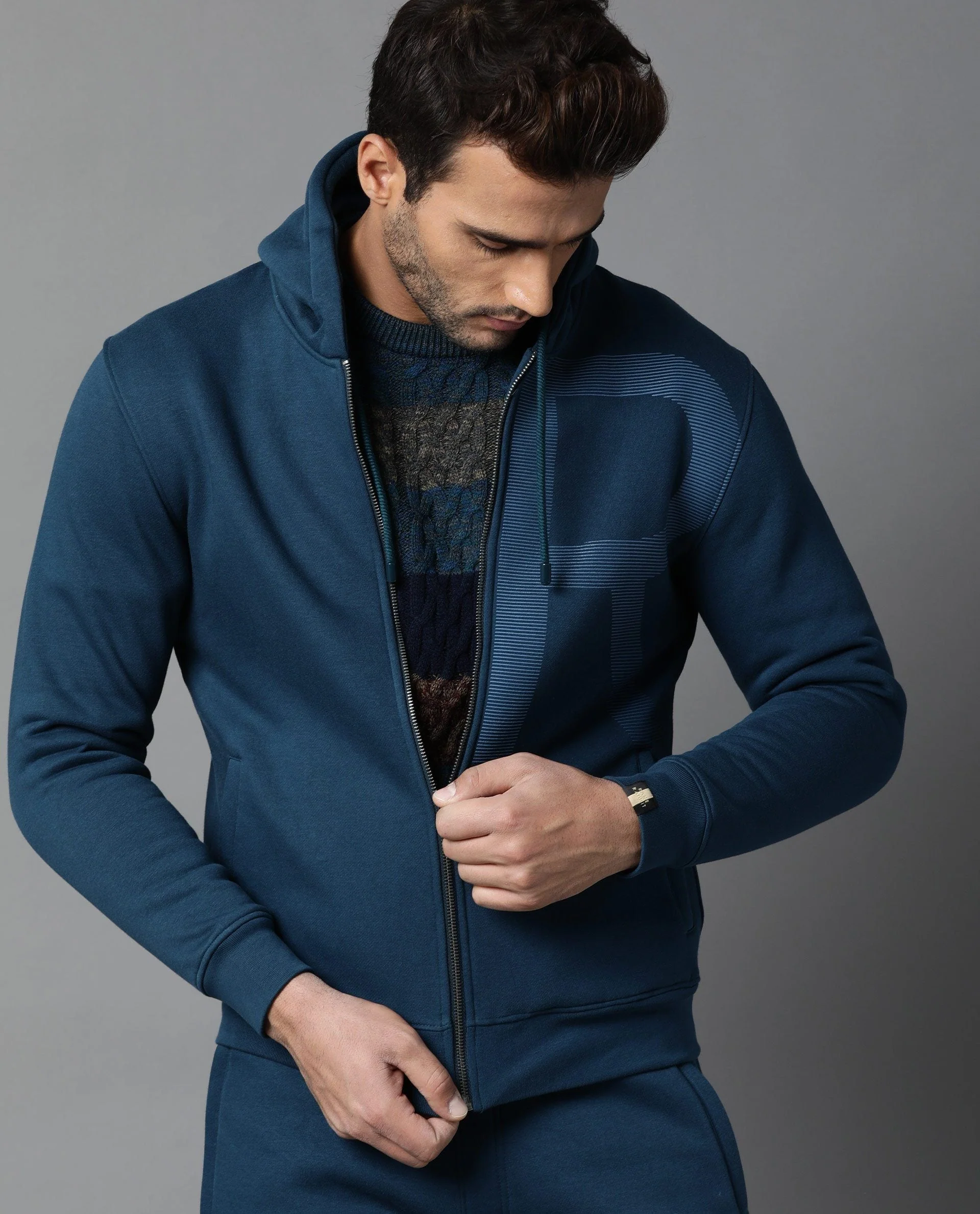 Rare Rabbit Men's Albell Petrol Cotton Printed Regular Fit Full Sleeve Hooded Sweatshirt - Image 4