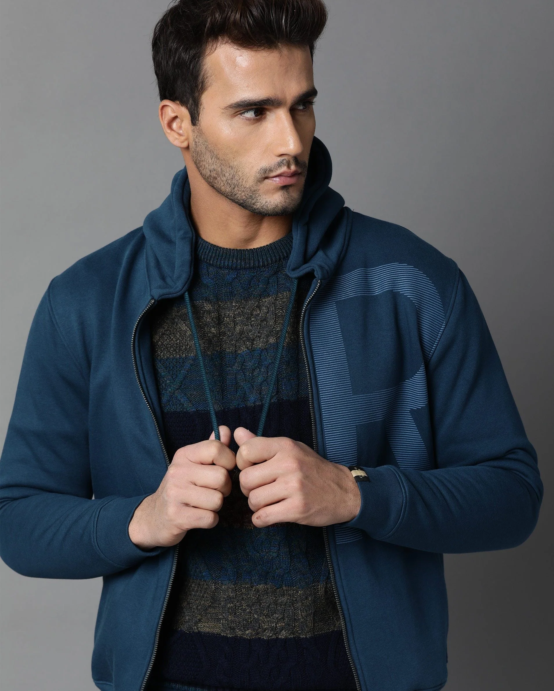 Rare Rabbit Men's Albell Petrol Cotton Printed Regular Fit Full Sleeve Hooded Sweatshirt - Image 5