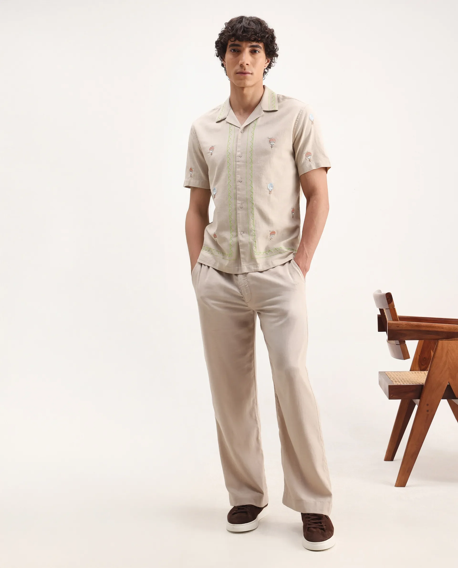Rare Rabbit Men's Albet Off White Cotton Embroidered Boxy Fit Half Sleeve Cuban Collar Shirt - Image 2