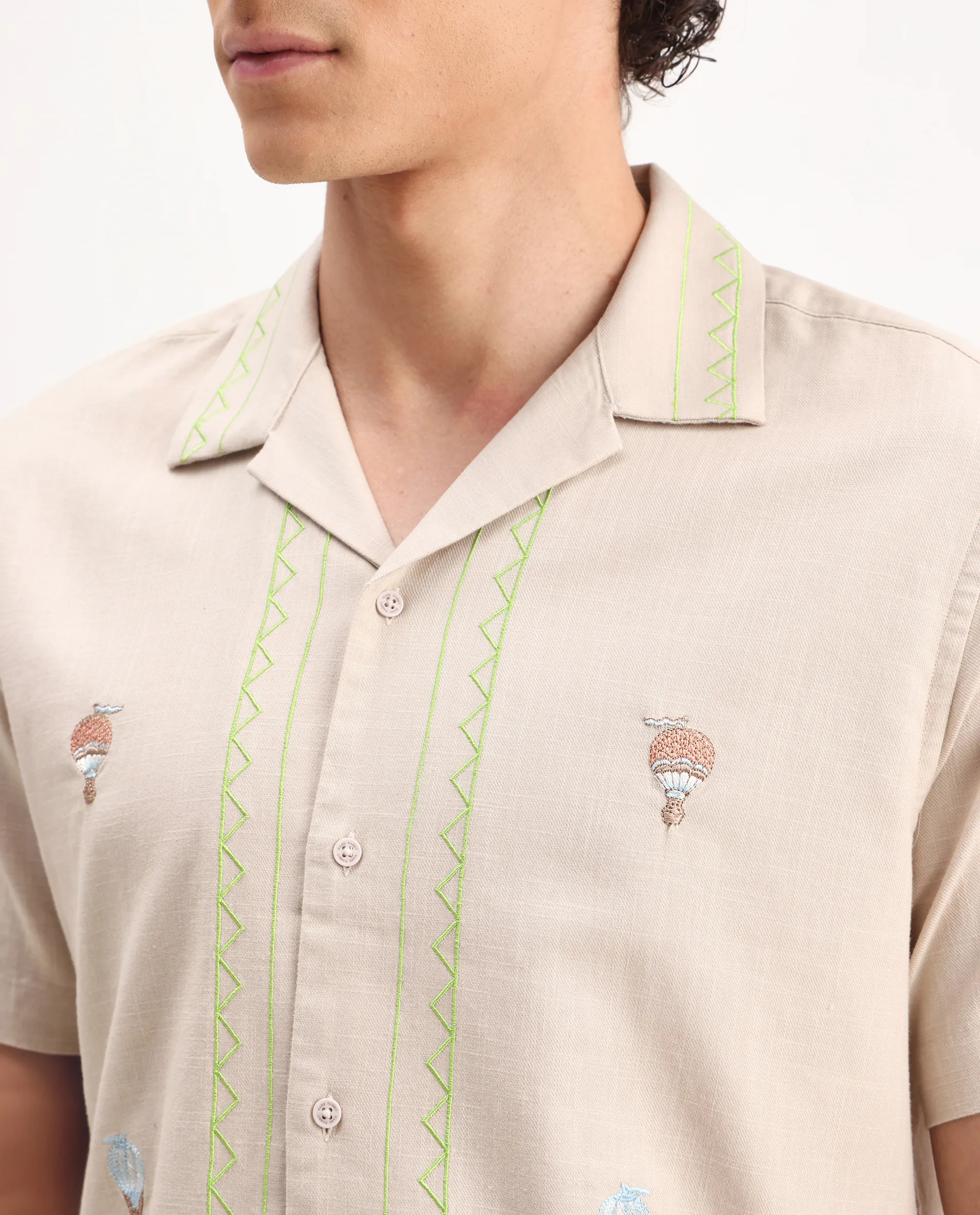 Rare Rabbit Men's Albet Off White Cotton Embroidered Boxy Fit Half Sleeve Cuban Collar Shirt - Image 3