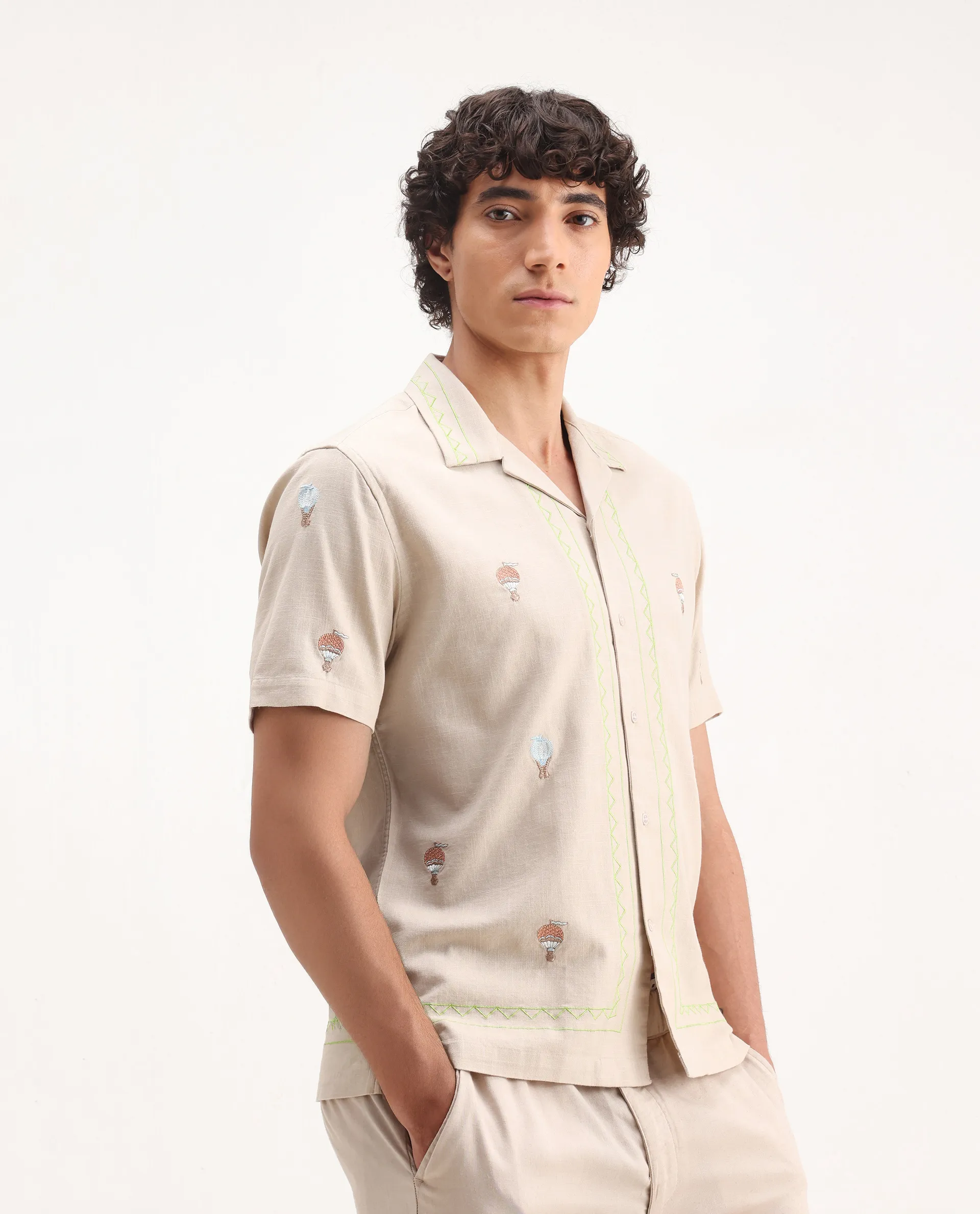 Rare Rabbit Men's Albet Off White Cotton Embroidered Boxy Fit Half Sleeve Cuban Collar Shirt - Image 4