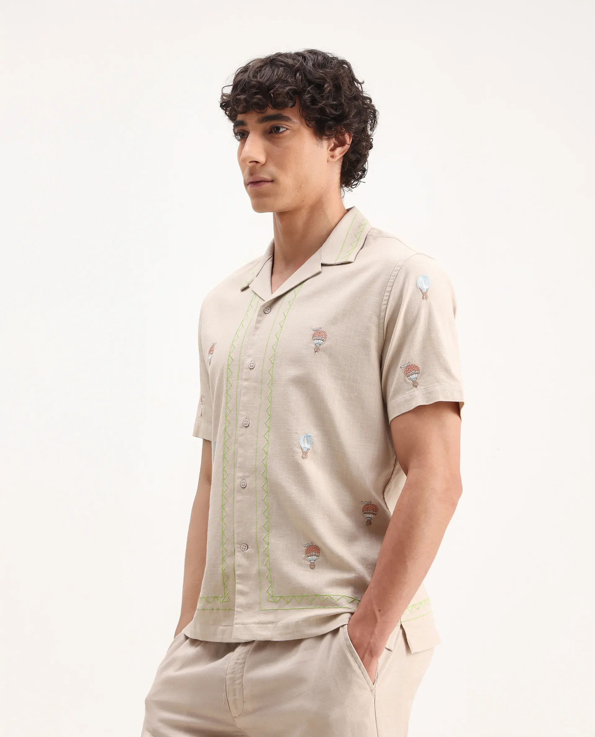 Rare Rabbit Men's Albet Off White Cotton Embroidered Boxy Fit Half Sleeve Cuban Collar Shirt - Image 5