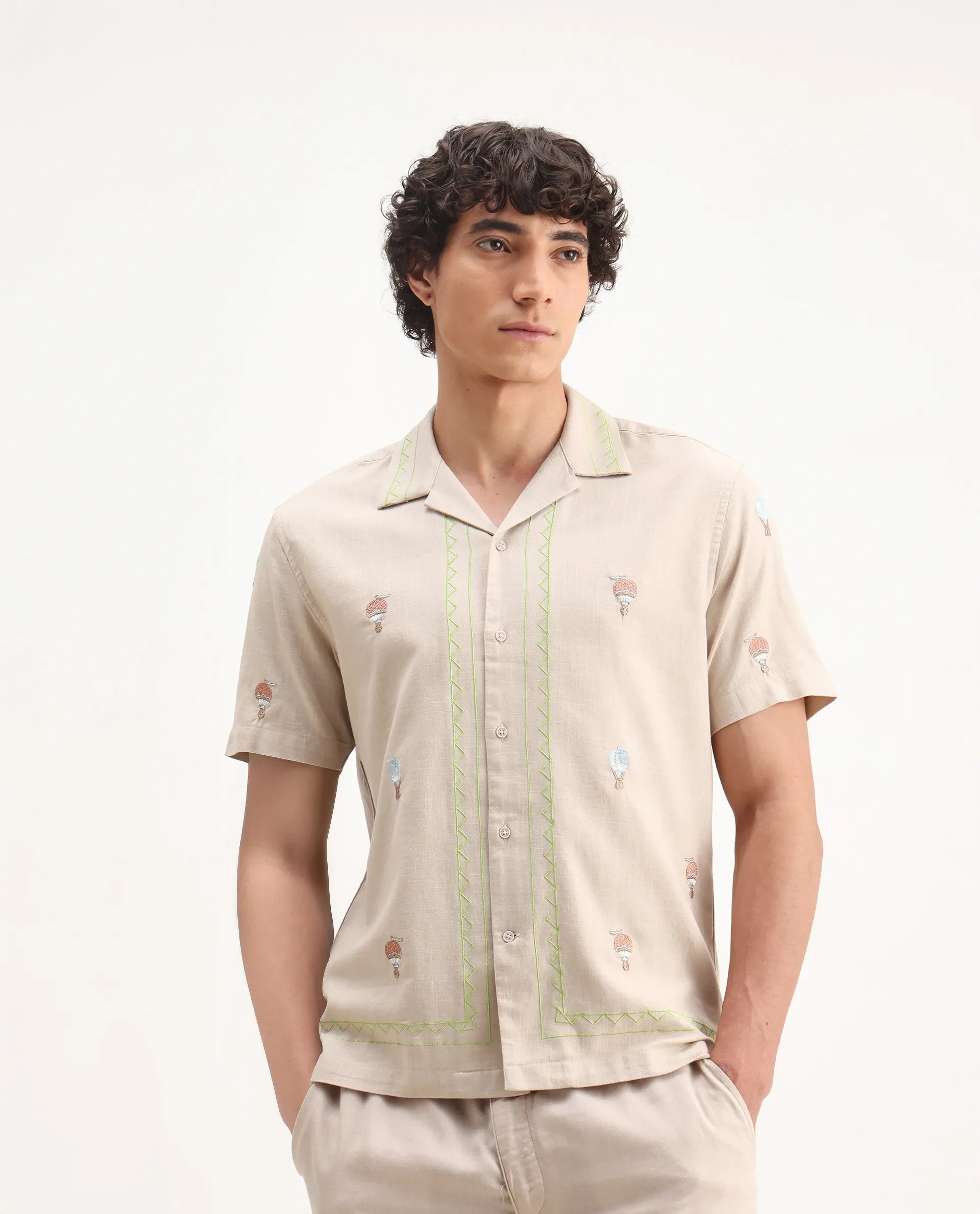 Rare Rabbit Men's Albet Off White Cotton Embroidered Boxy Fit Half Sleeve Cuban Collar Shirt - Image 6