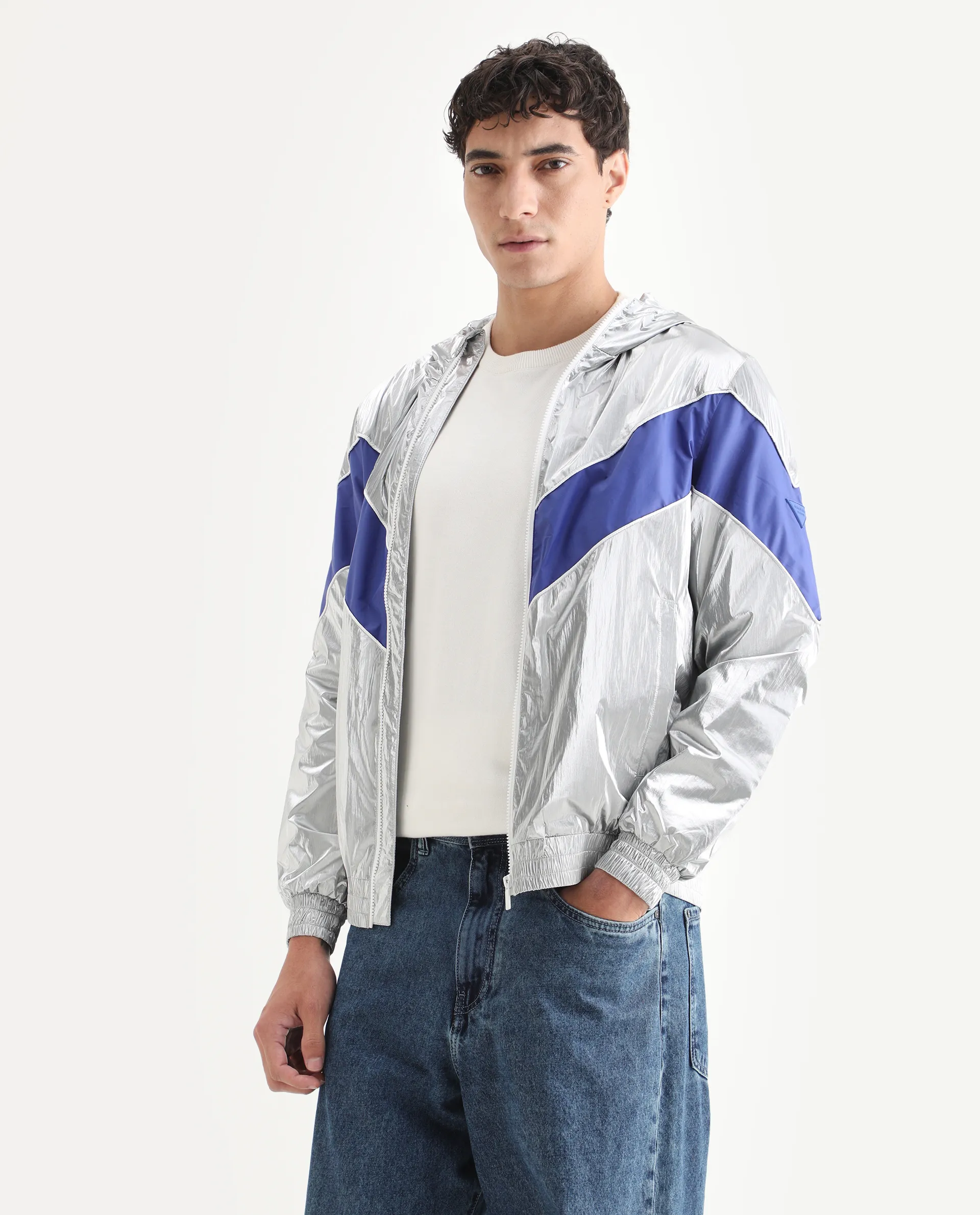 Rare Rabbit Men's Albi Silver Nylon Blend Metallic Regular Fit Full Sleeve Hooded Jacket - Image 4