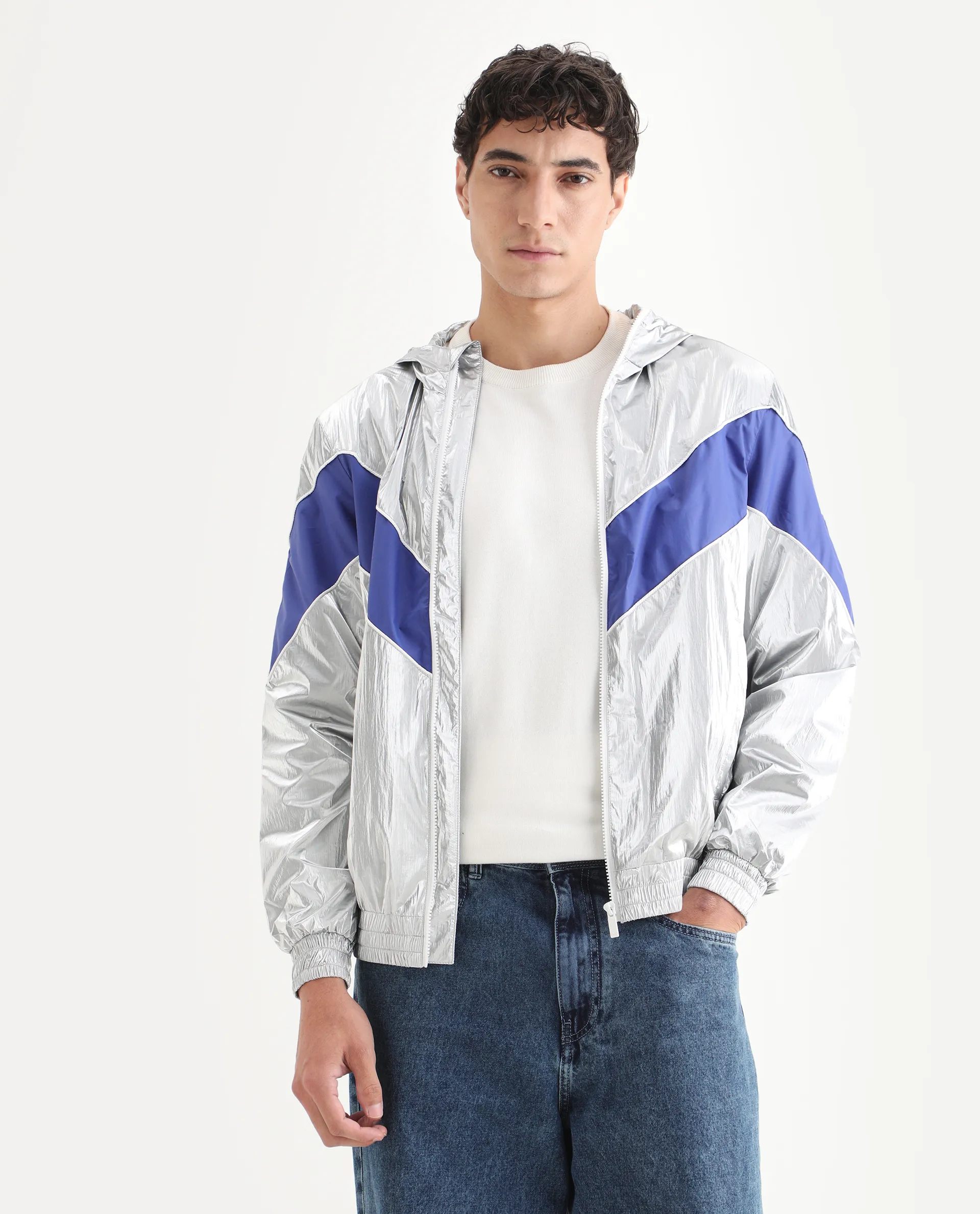Rare Rabbit Men's Albi Silver Nylon Blend Metallic Regular Fit Full Sleeve Hooded Jacket - Image 6