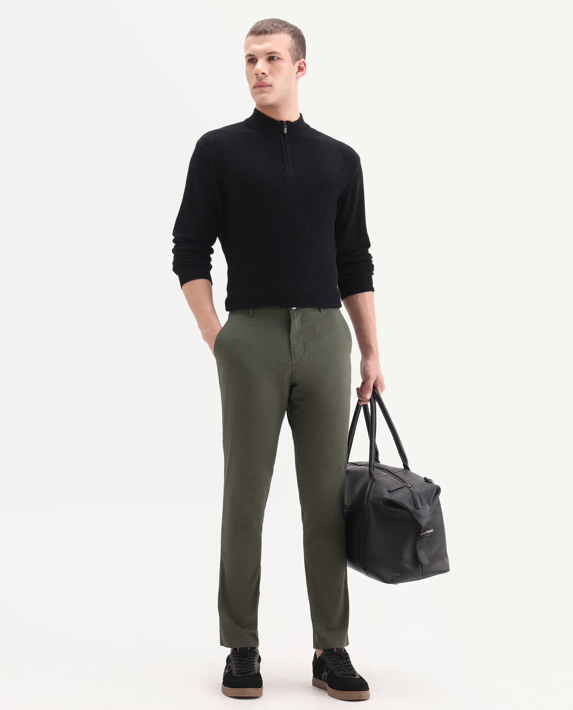 Rare Rabbit Men's Albion Green Cotton Checked Print Regular Fit Trouser