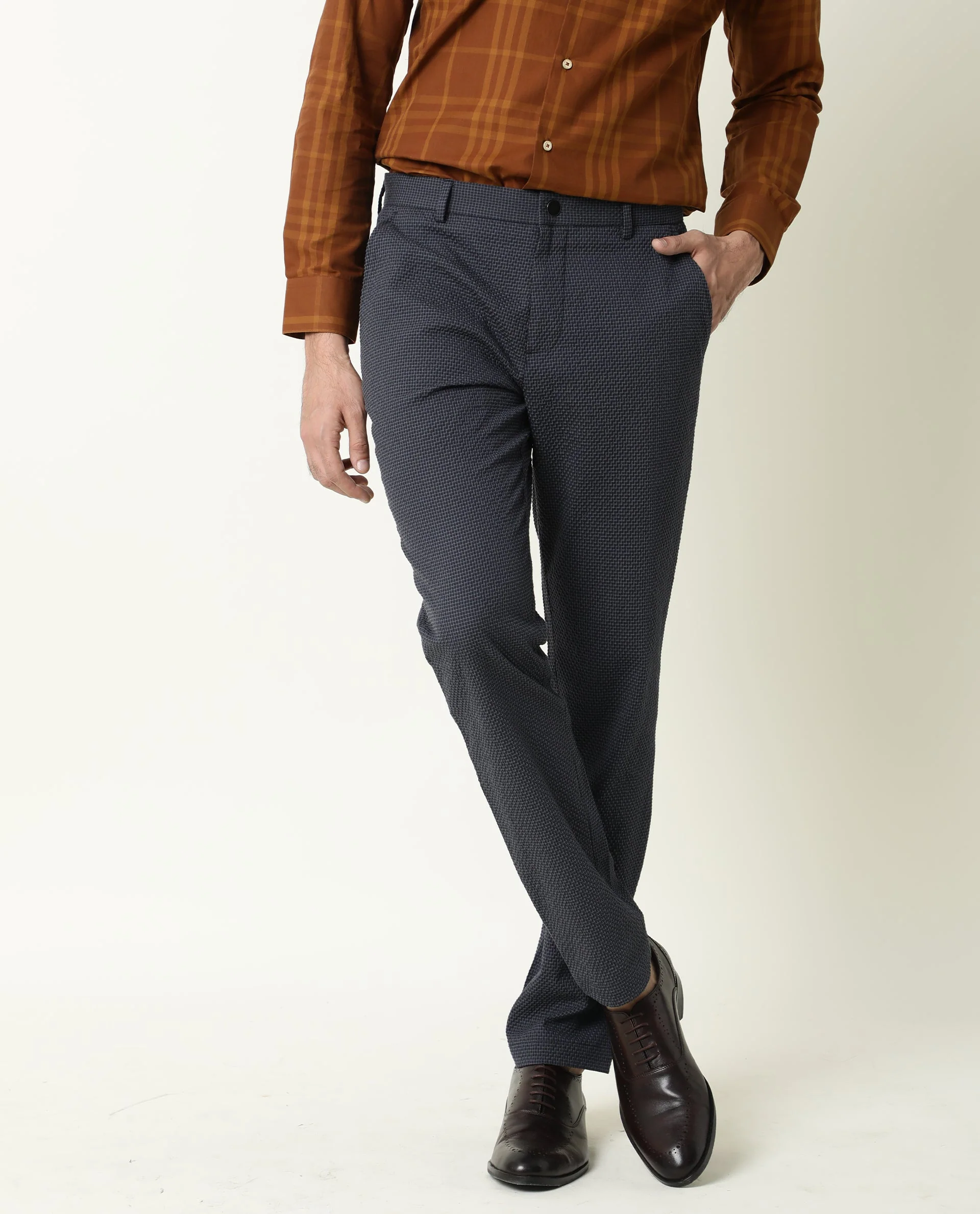 Rare Rabbit Men's Albion Navy Cotton Checked Print Regular Fit Trouser