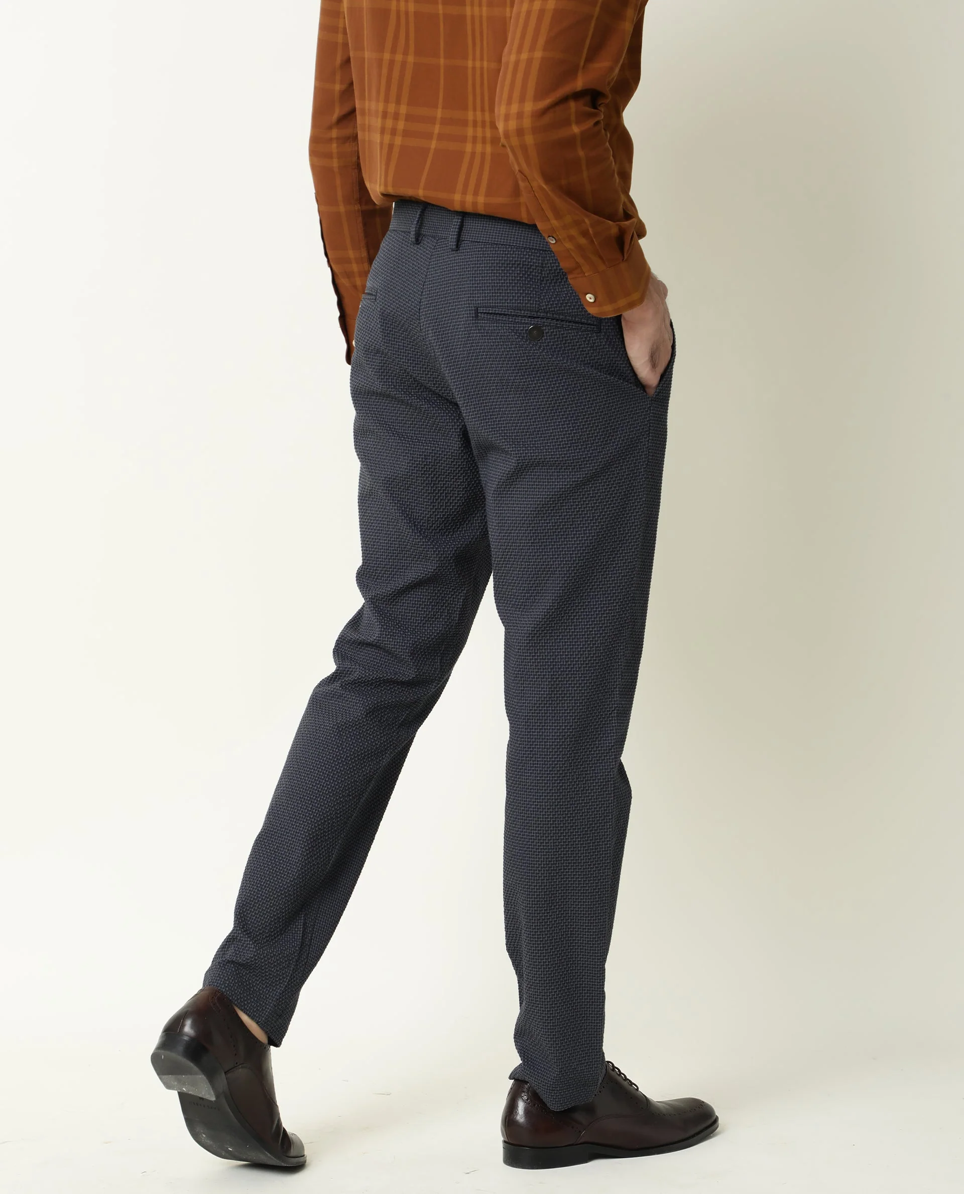 Rare Rabbit Men's Albion Navy Cotton Checked Print Regular Fit Trouser - Image 4