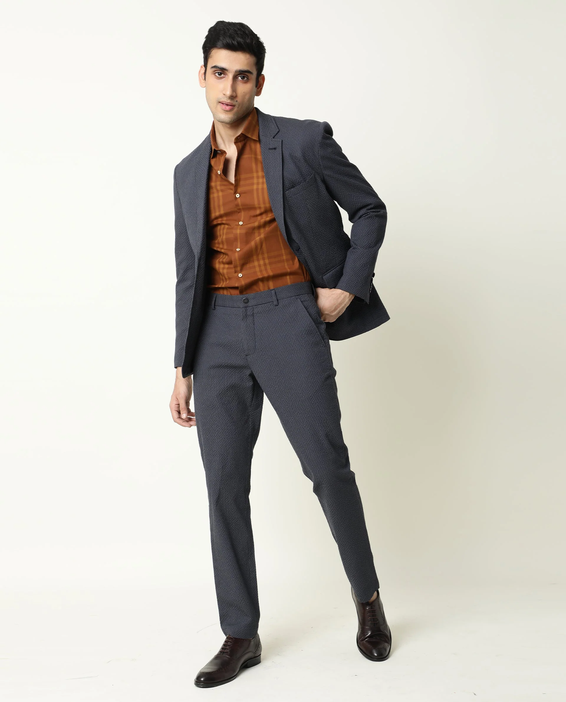Rare Rabbit Men's Albion Navy Cotton Checked Print Regular Fit Trouser - Image 5