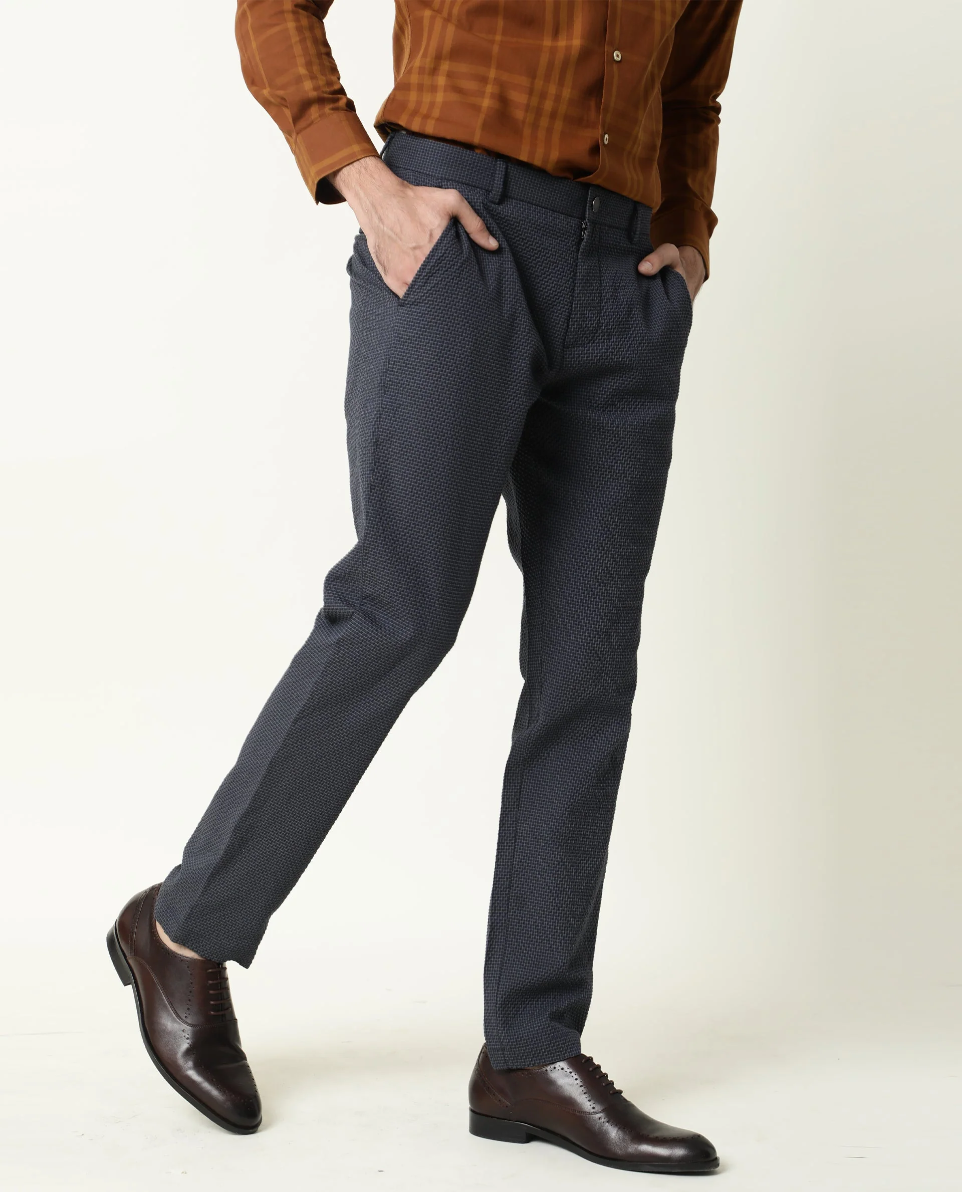 Rare Rabbit Men's Albion Navy Cotton Checked Print Regular Fit Trouser - Image 6