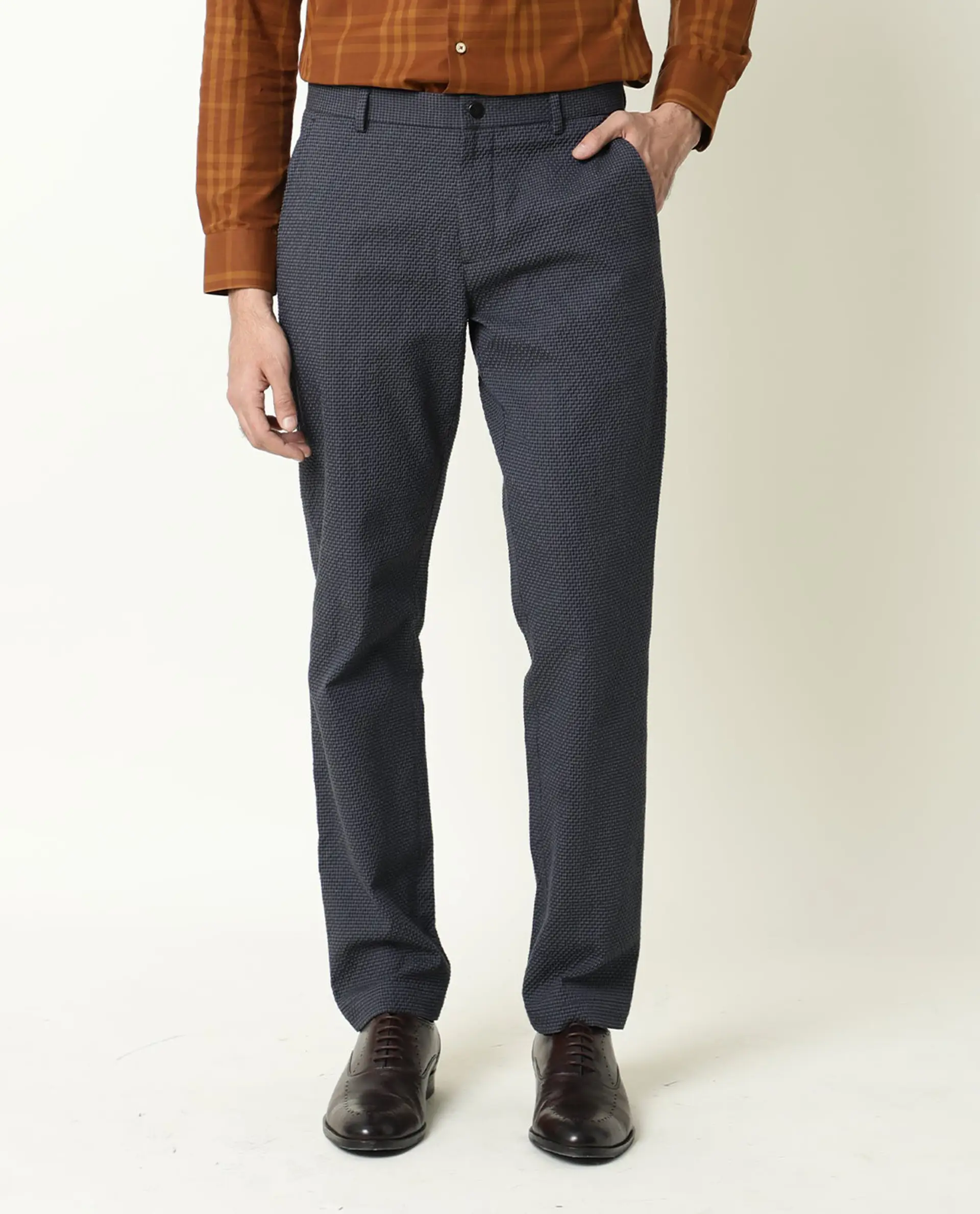 Rare Rabbit Men's Albion Navy Cotton Checked Print Regular Fit Trouser - Image 7
