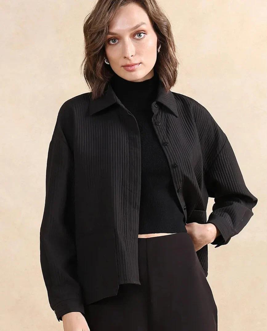 Rareism Women's Albury Black Polyester Drop Collar Plain Cuffed Sleeve Boxy Fit Jacket